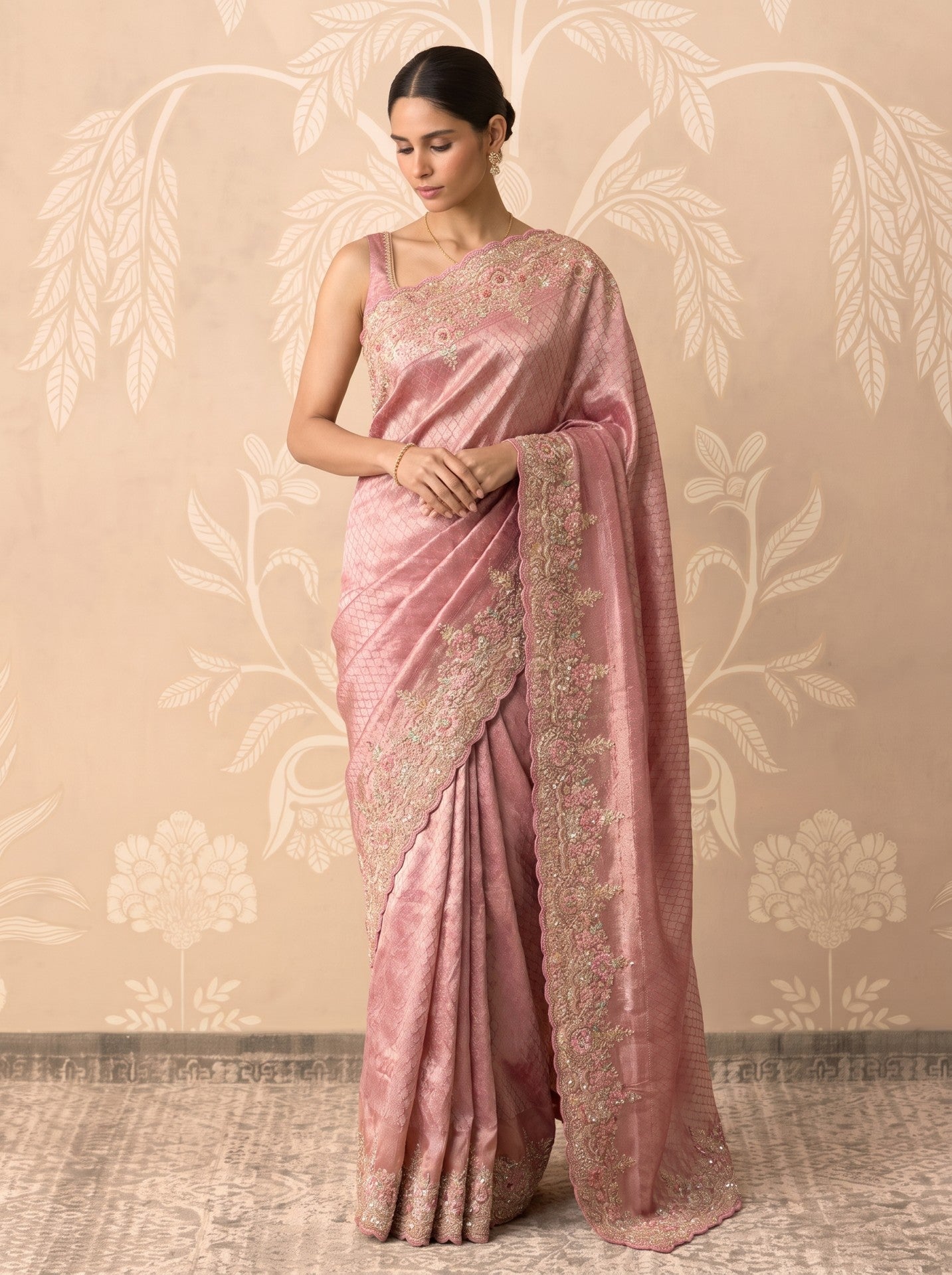 Pink Tissue Zardozi Embroidered Festive Party Wear Saree for Women
