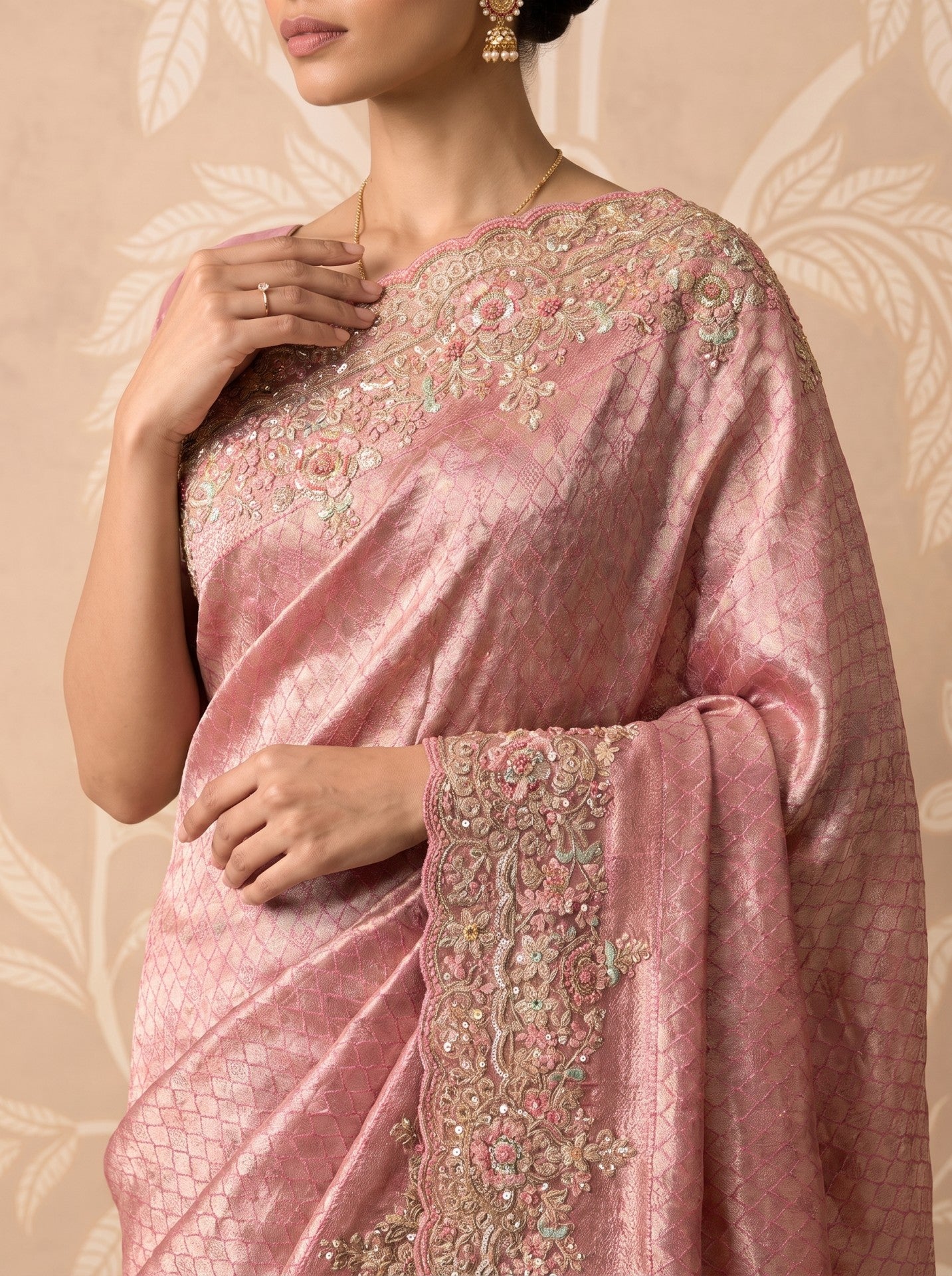 Pink Tissue Zardozi Embroidered Festive Party Wear Saree for Women