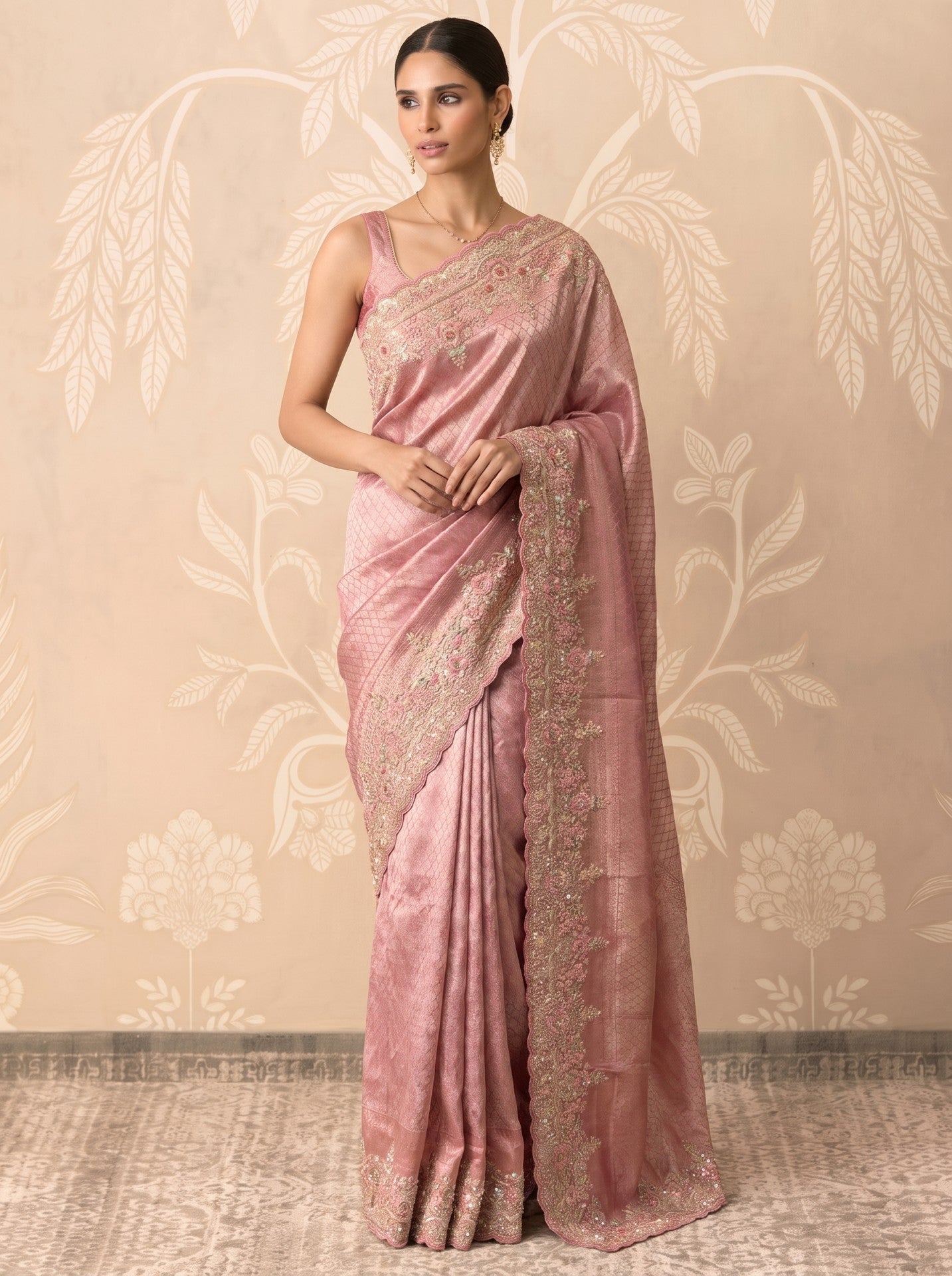 Pink Tissue Zardozi Embroidered Festive Party Wear Saree for Women