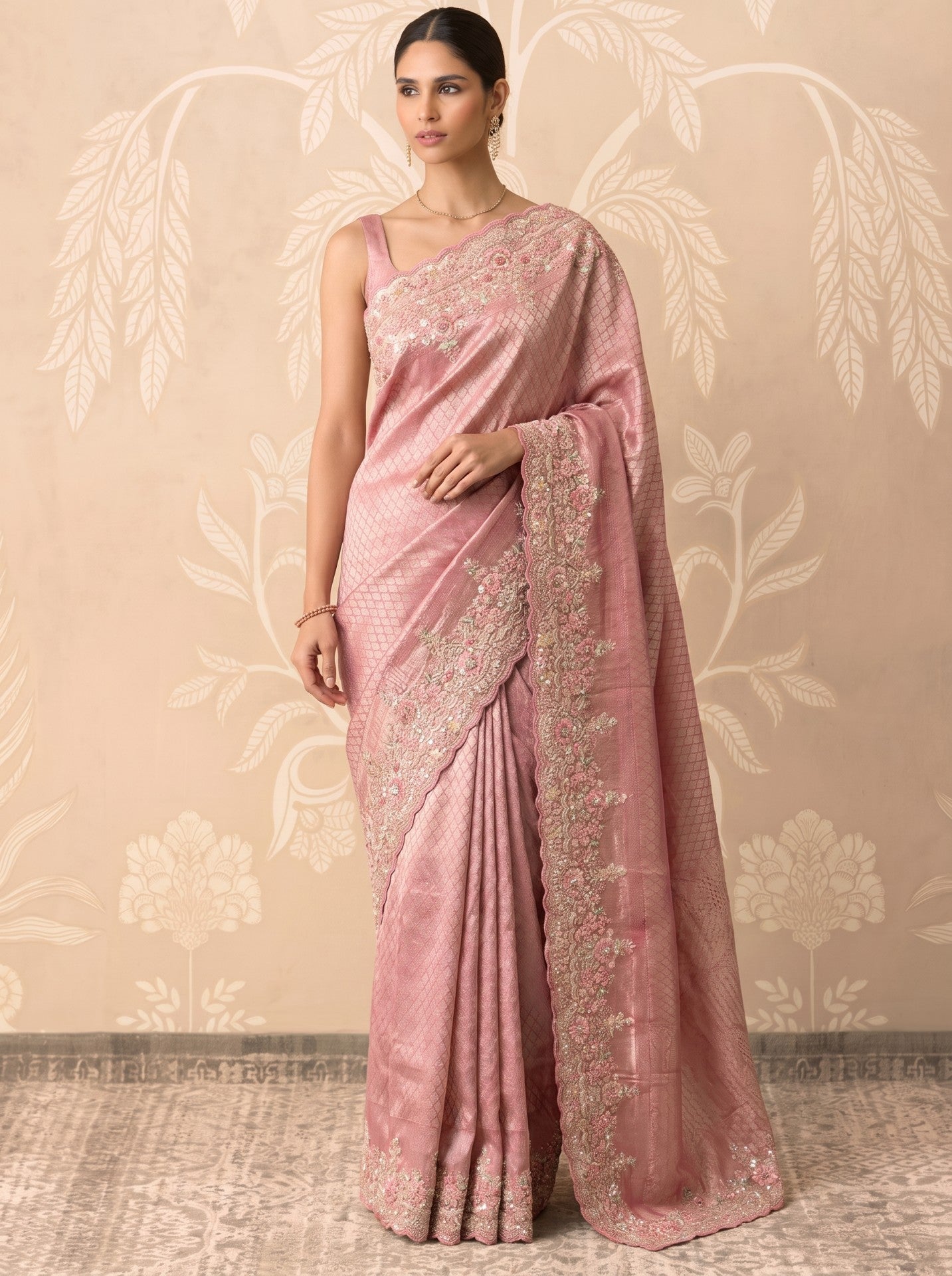 Pink Tissue Zardozi Embroidered Festive Party Wear Saree for Women