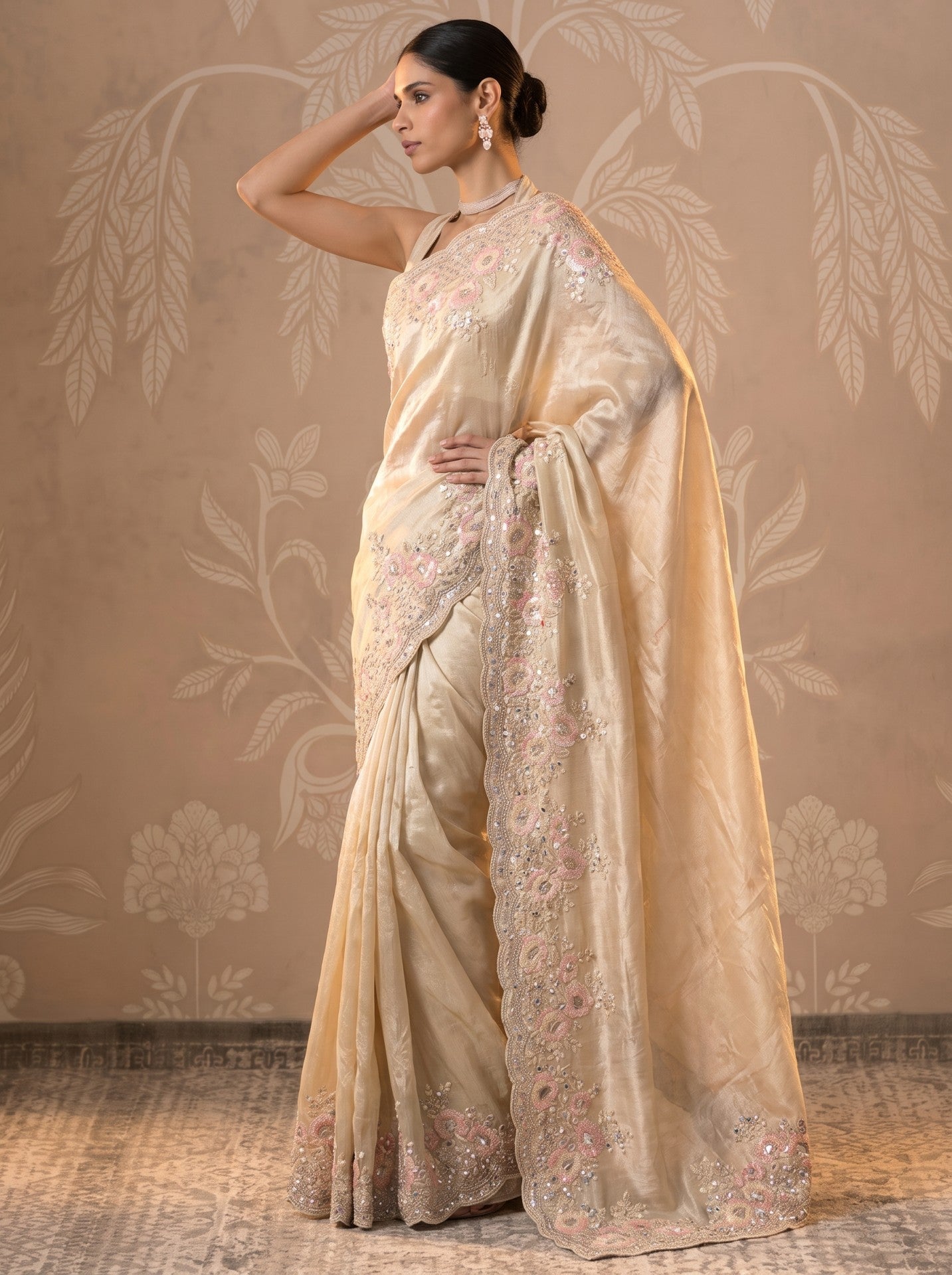 Women's Cream Tissue Sequence Work Festive & Party Wear Saree