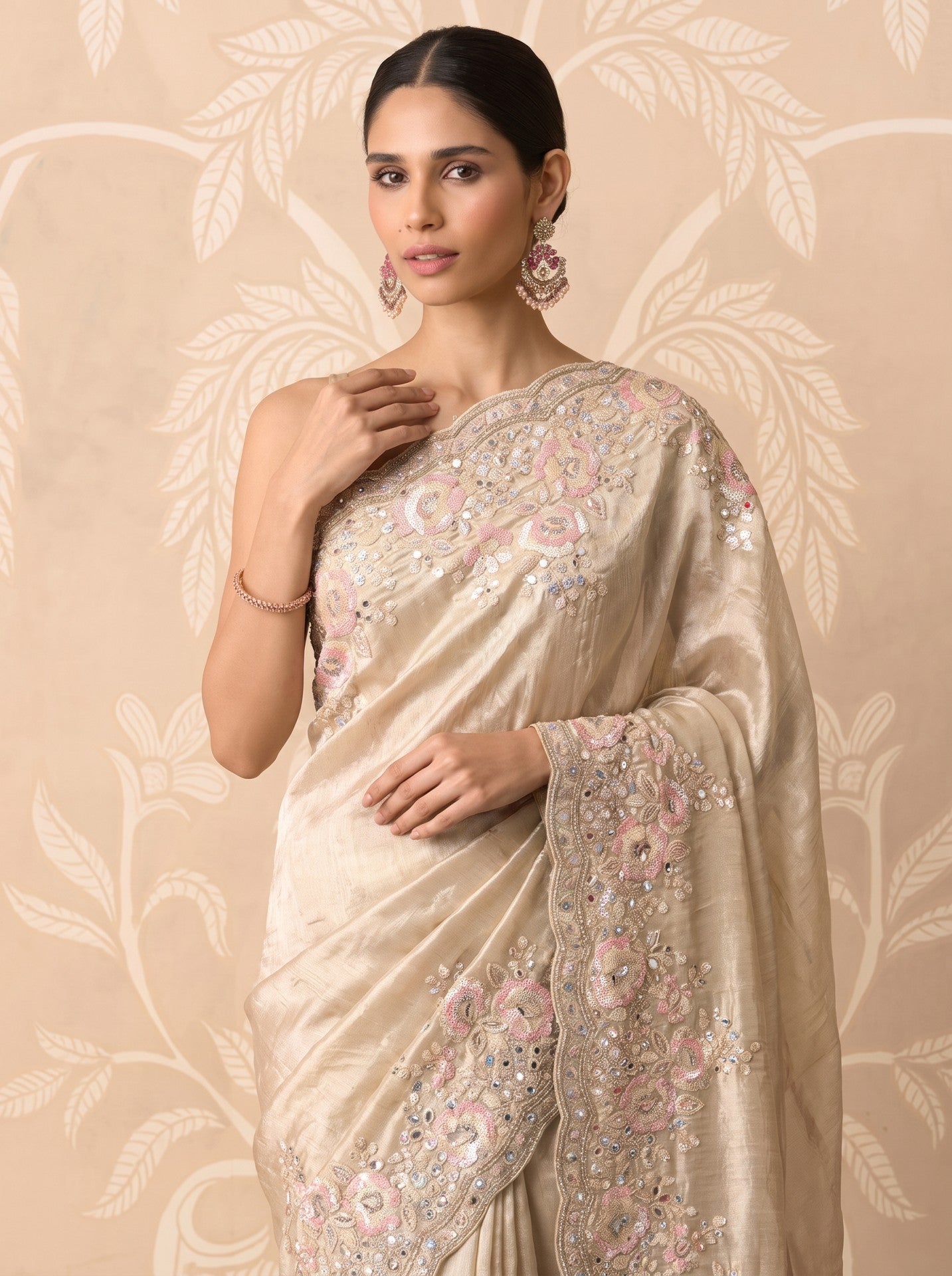 Women's Cream Tissue Sequence Work Festive & Party Wear Saree