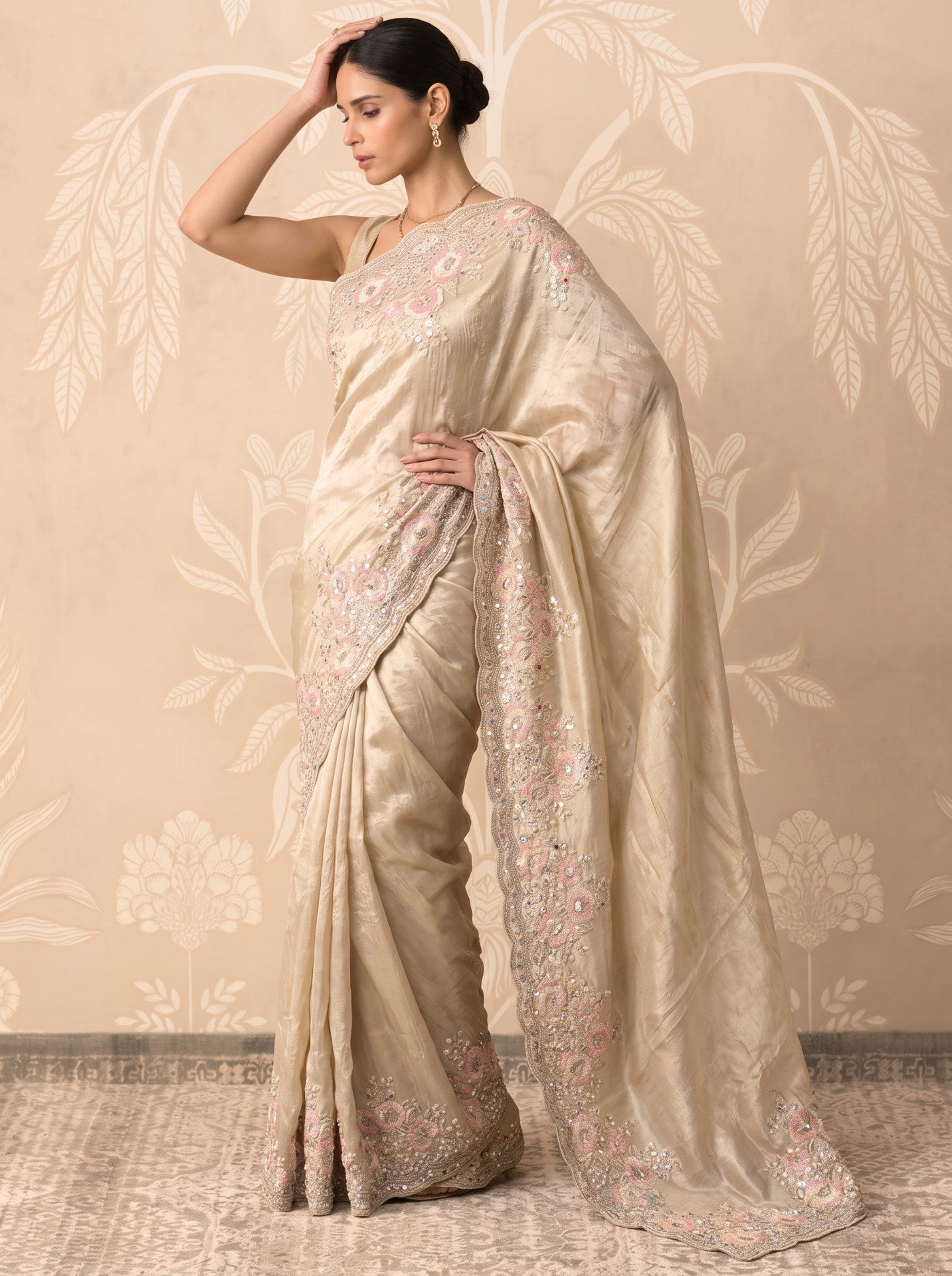 Women's Cream Tissue Sequence Work Festive & Party Wear Saree