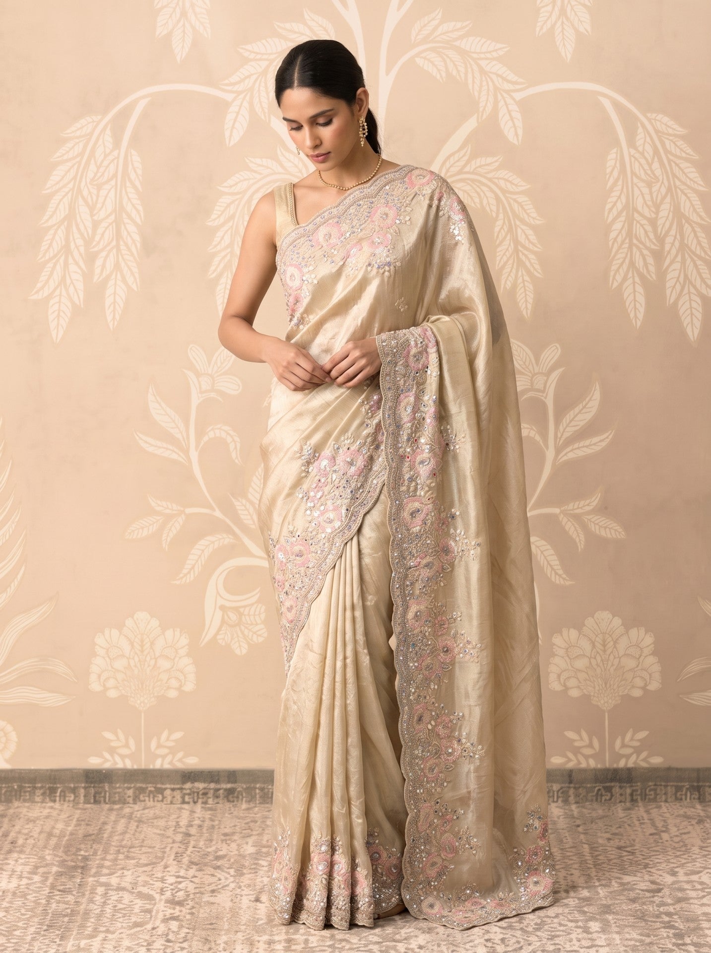 Women's Cream Tissue Sequence Work Festive & Party Wear Saree