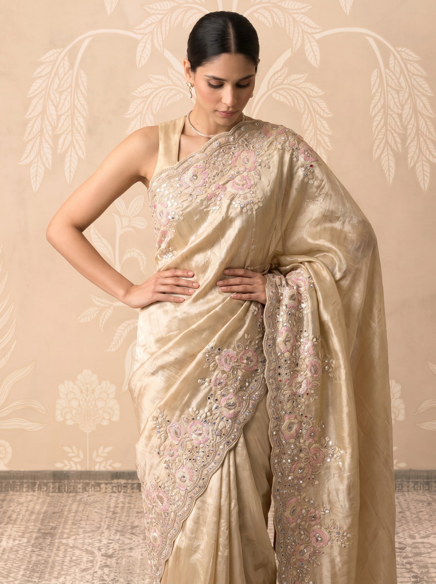 Women's Cream Tissue Sequence Work Festive & Party Wear Saree
