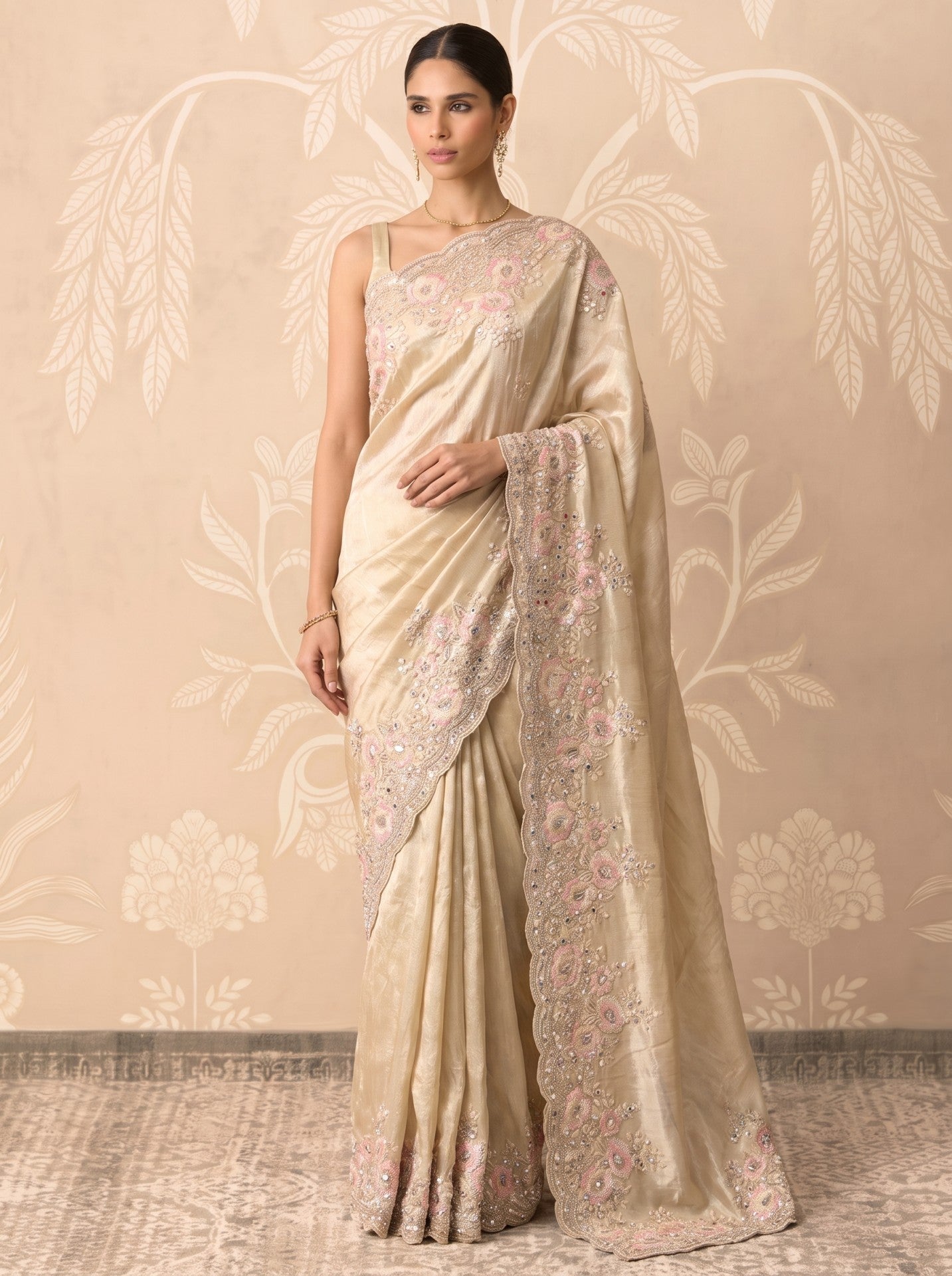 Women's Cream Tissue Sequence Work Festive & Party Wear Saree