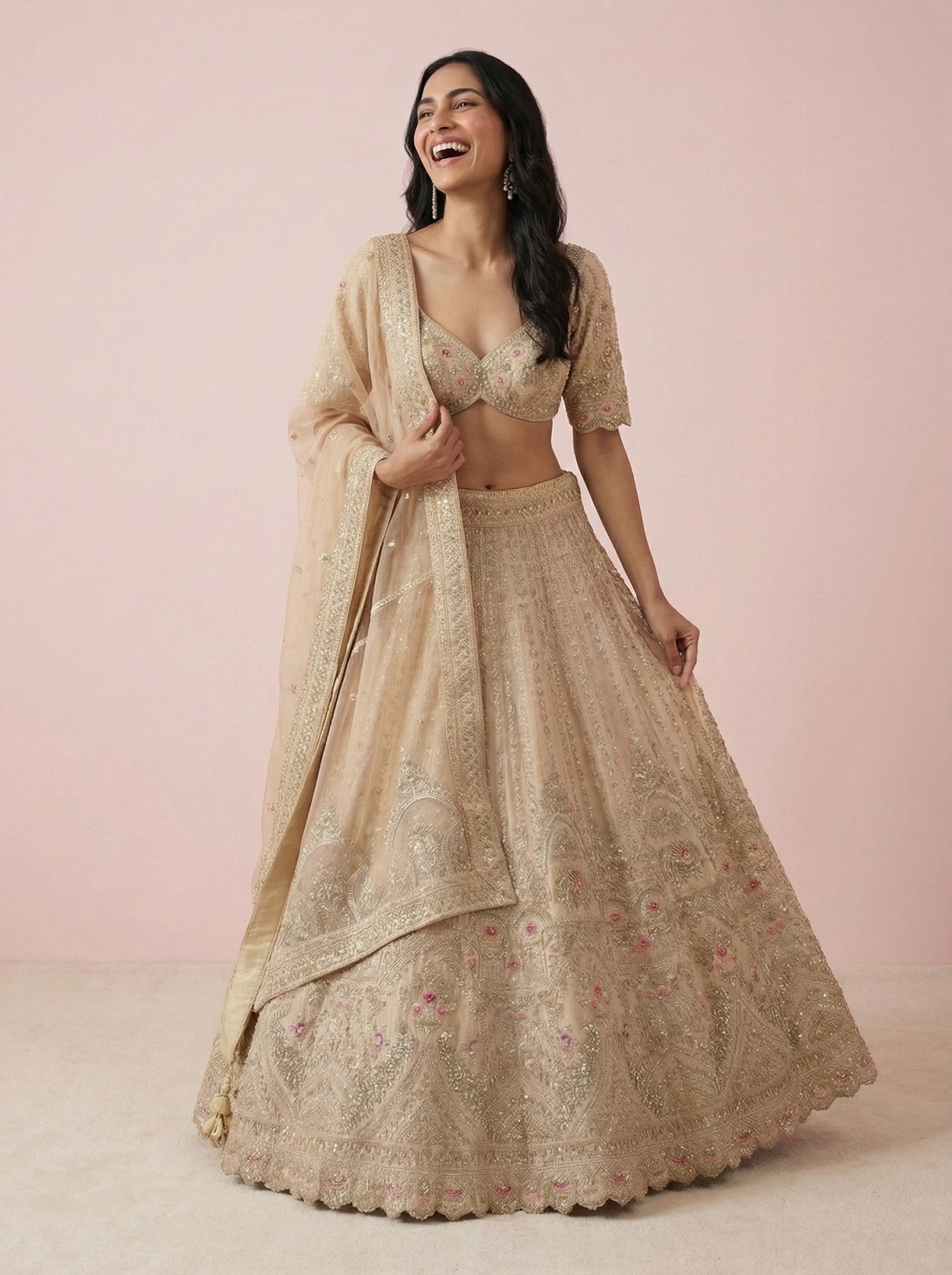 Cream Hand Embroidered Bridal Lehenga