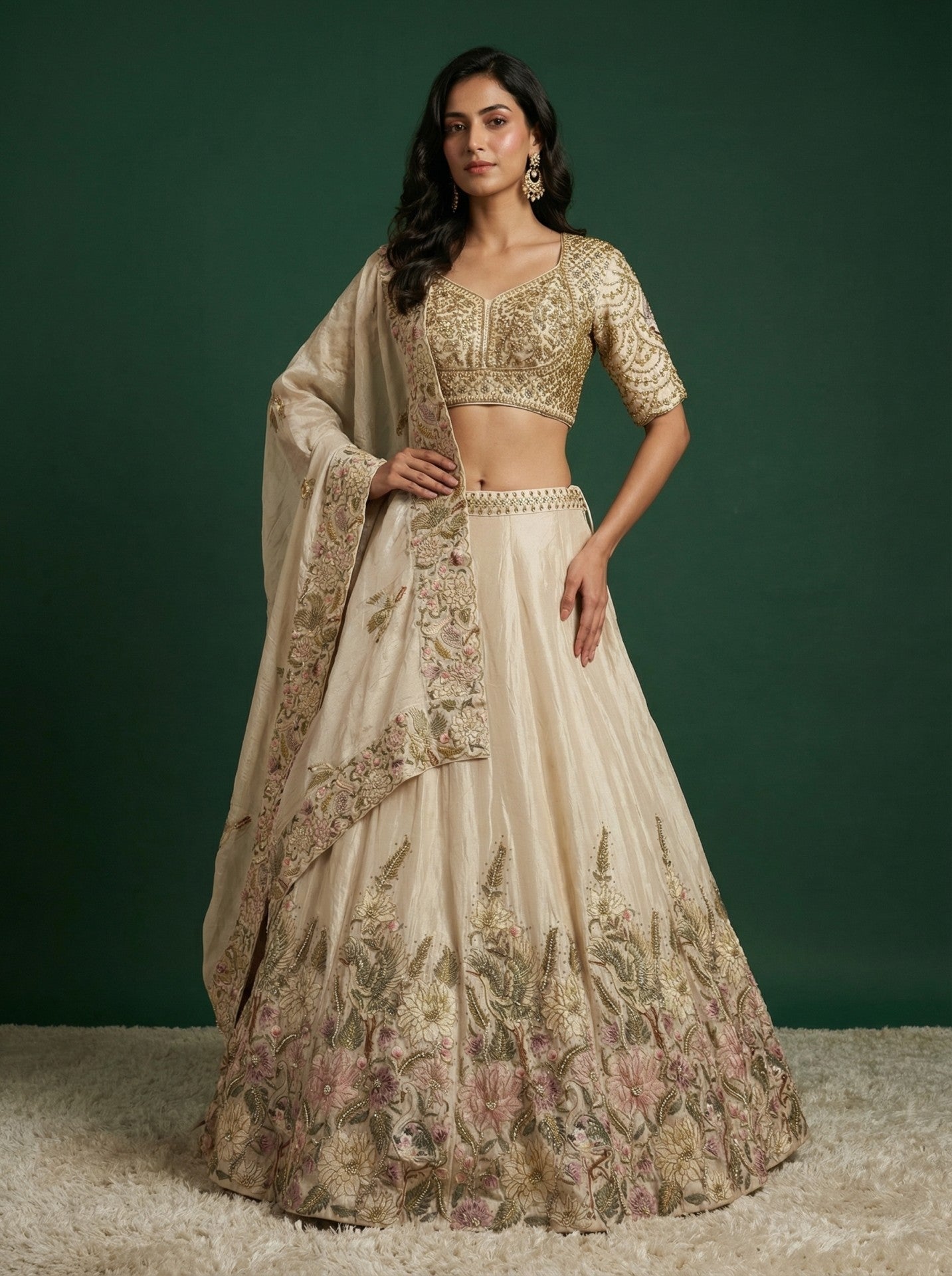 Cream Embroidered Festive Lehenga