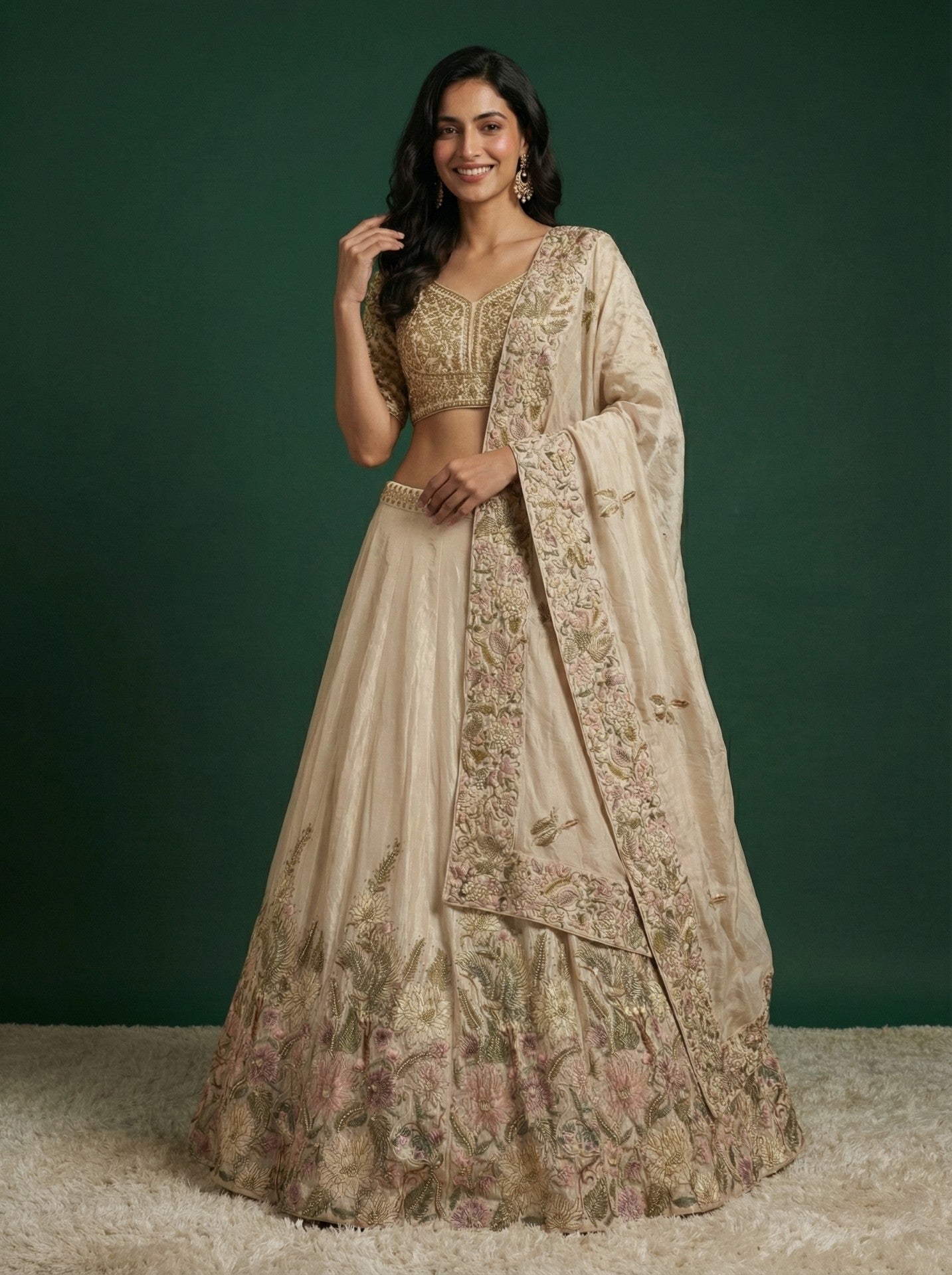Cream Embroidered Festive Lehenga