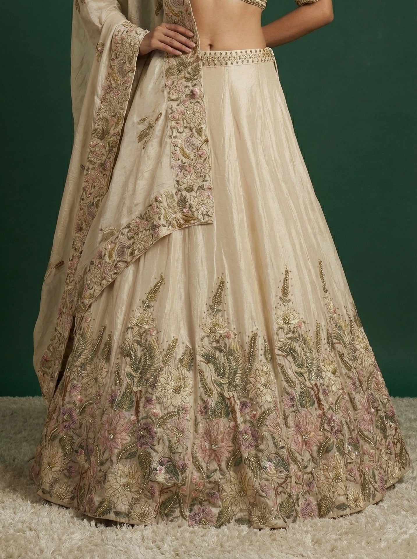 Cream Embroidered Festive Lehenga