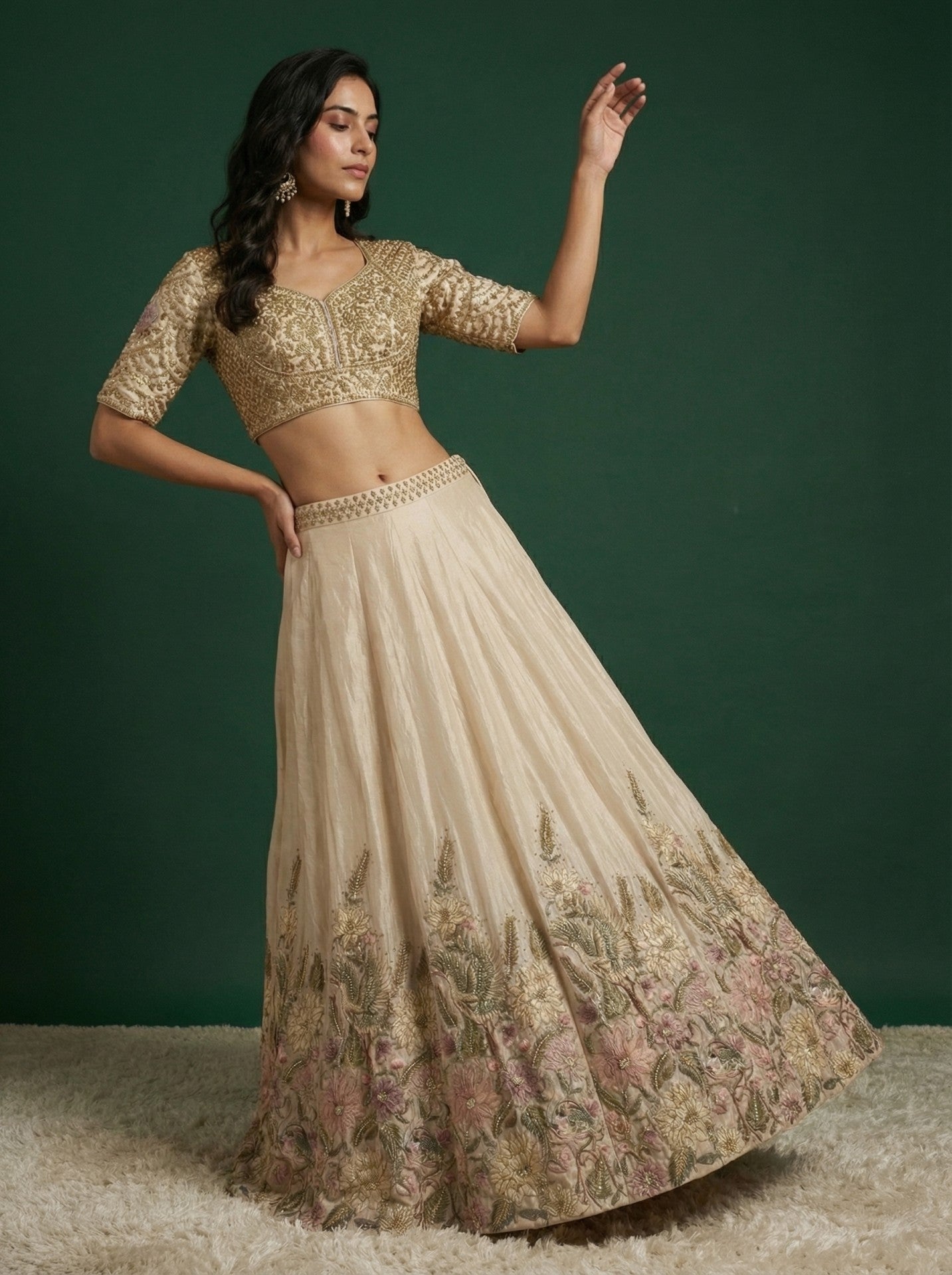 Cream Embroidered Festive Lehenga