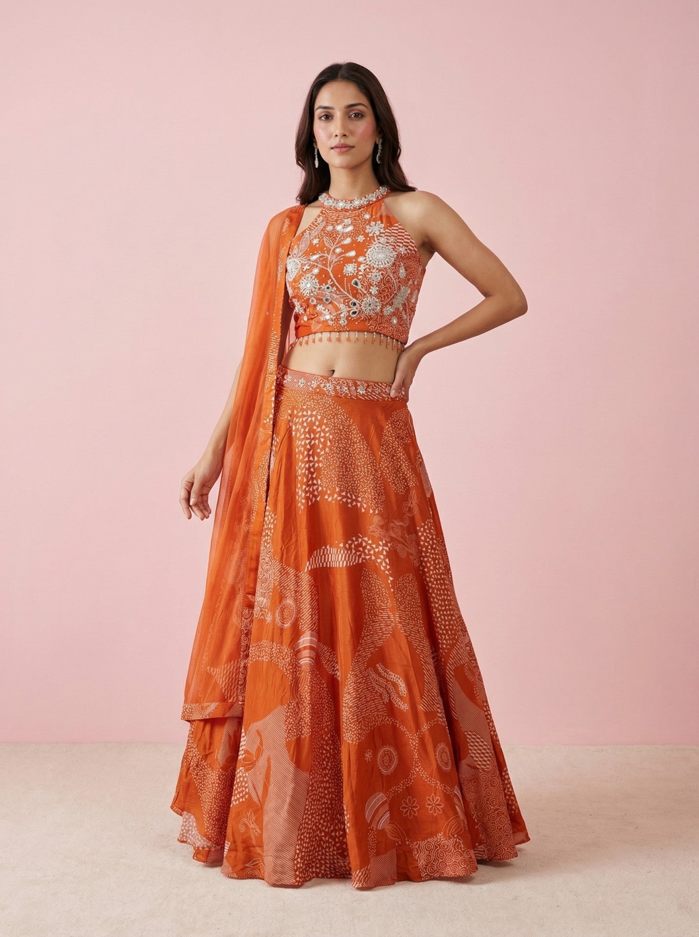 Orange Digital Print Designer Lehenga