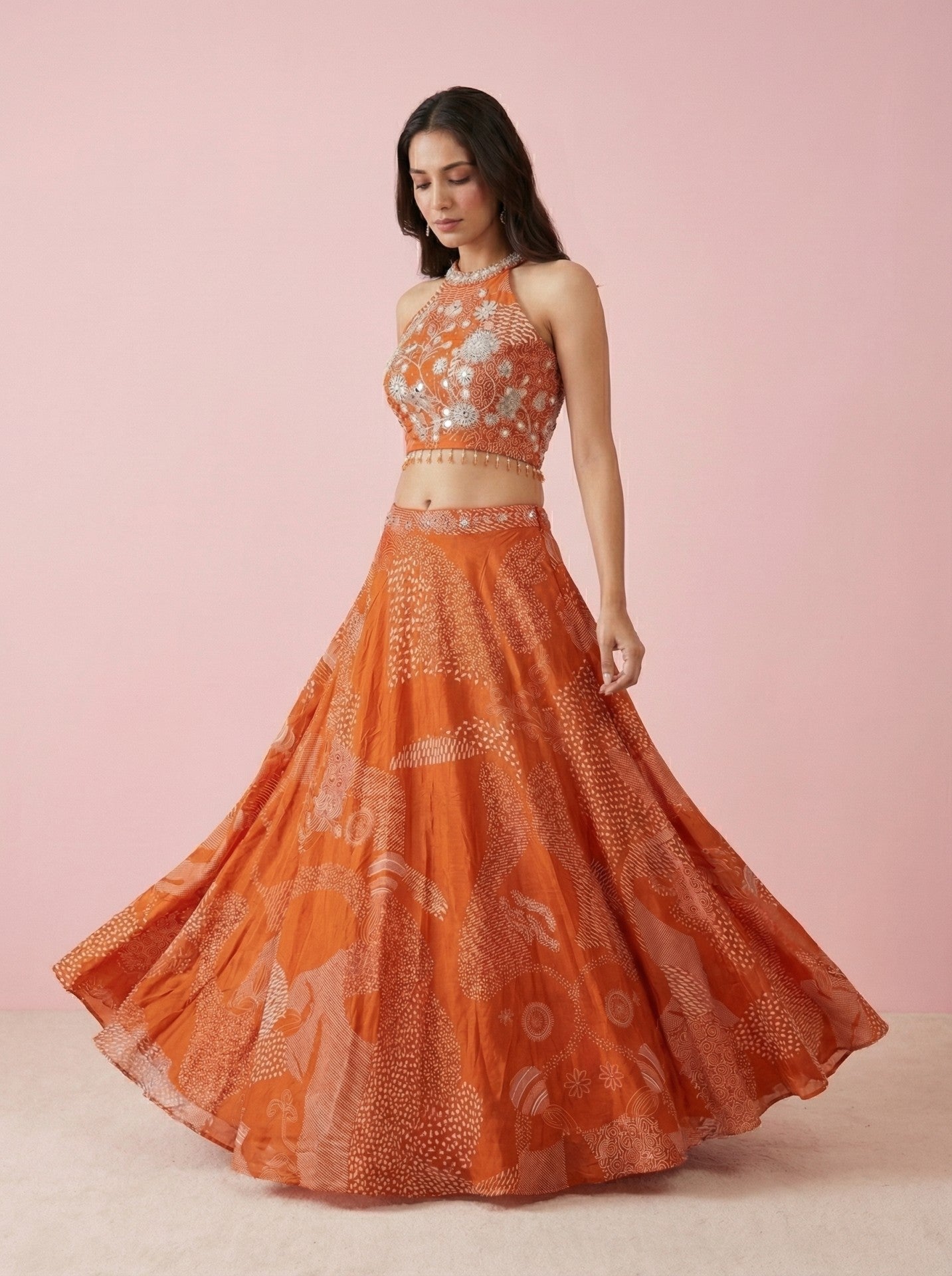 Orange Digital Print Designer Lehenga