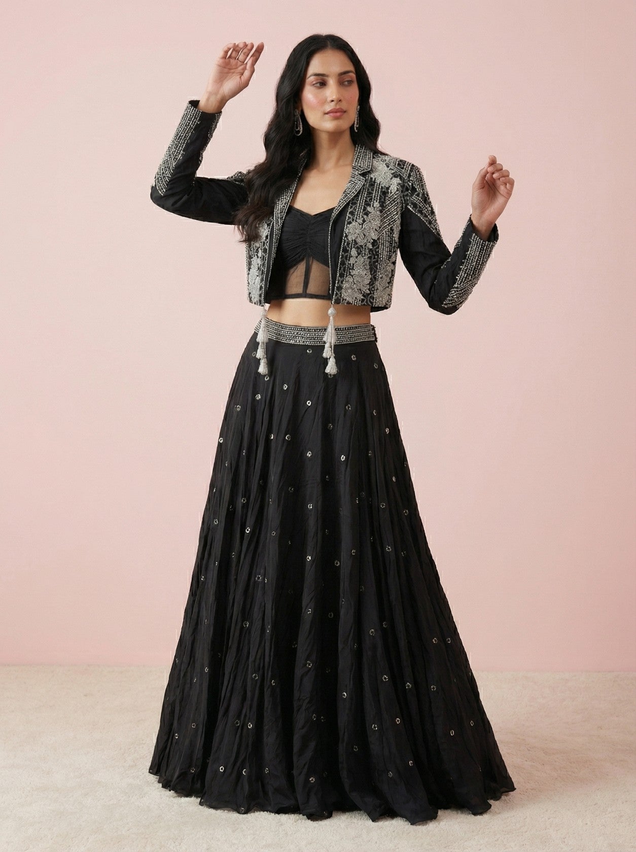 Black Chinnon Designer Lehenga With Shrug