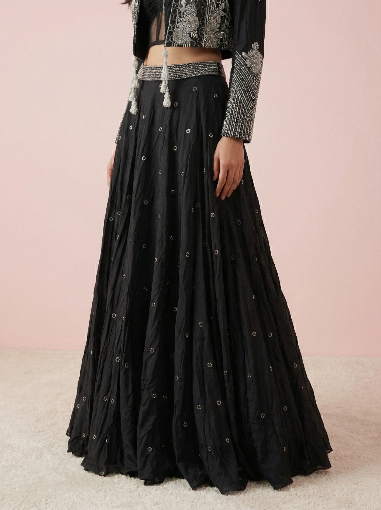 Black Chinnon Designer Lehenga With Shrug