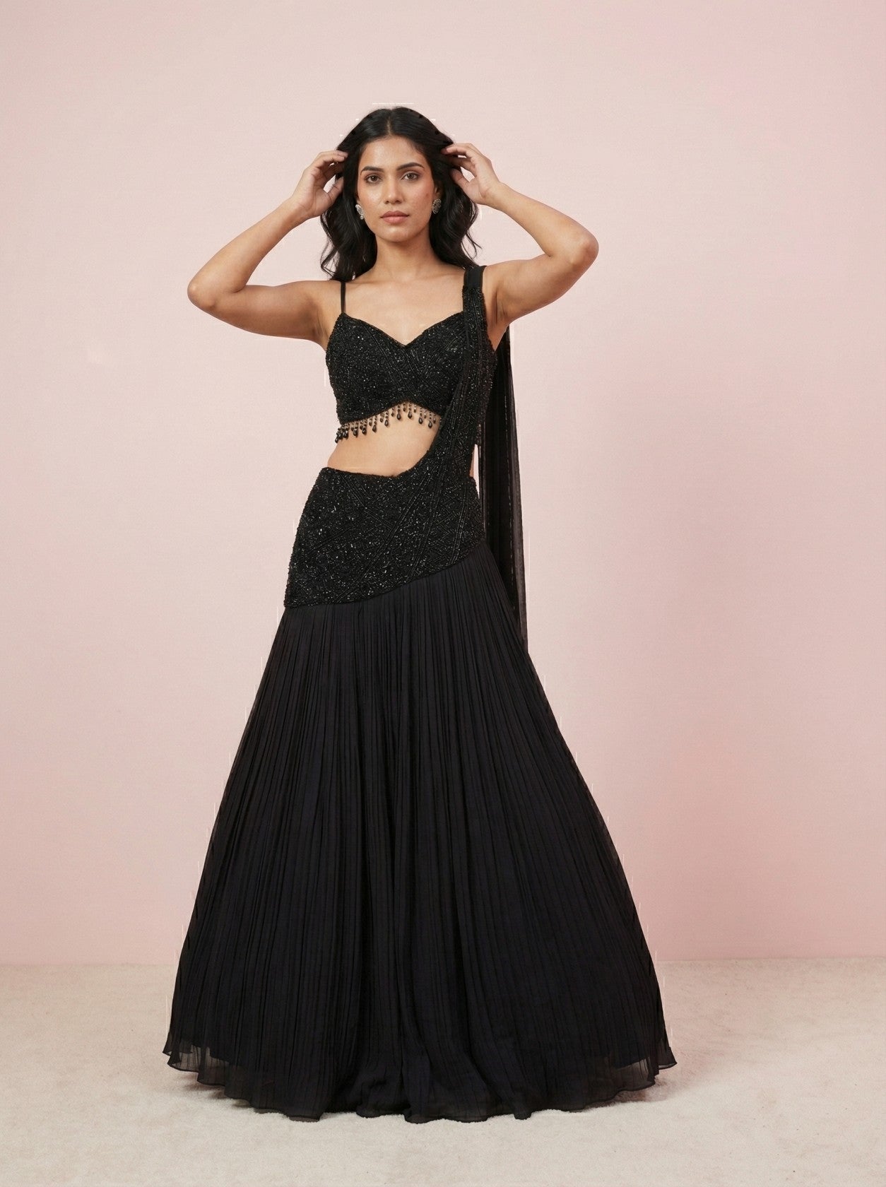 Black Chinnon Drape Style Embroidered Lehenga