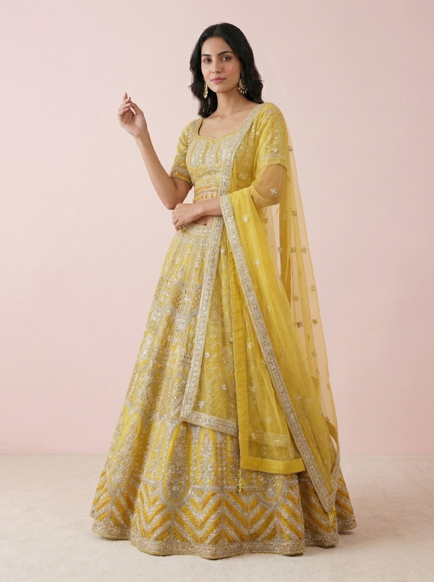 Yellow Embroidered Net Half Sleeve Crop Top Lehenga