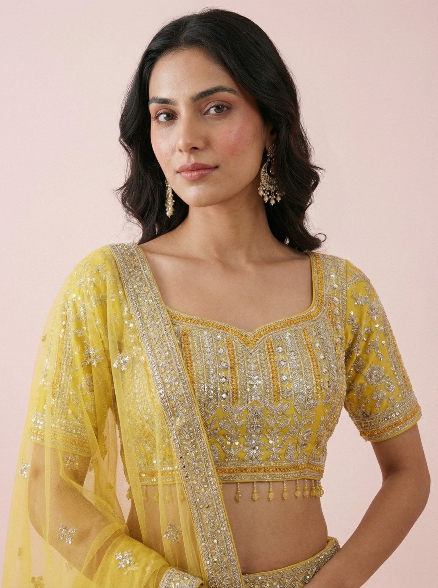 Yellow Embroidered Net Half Sleeve Crop Top Lehenga