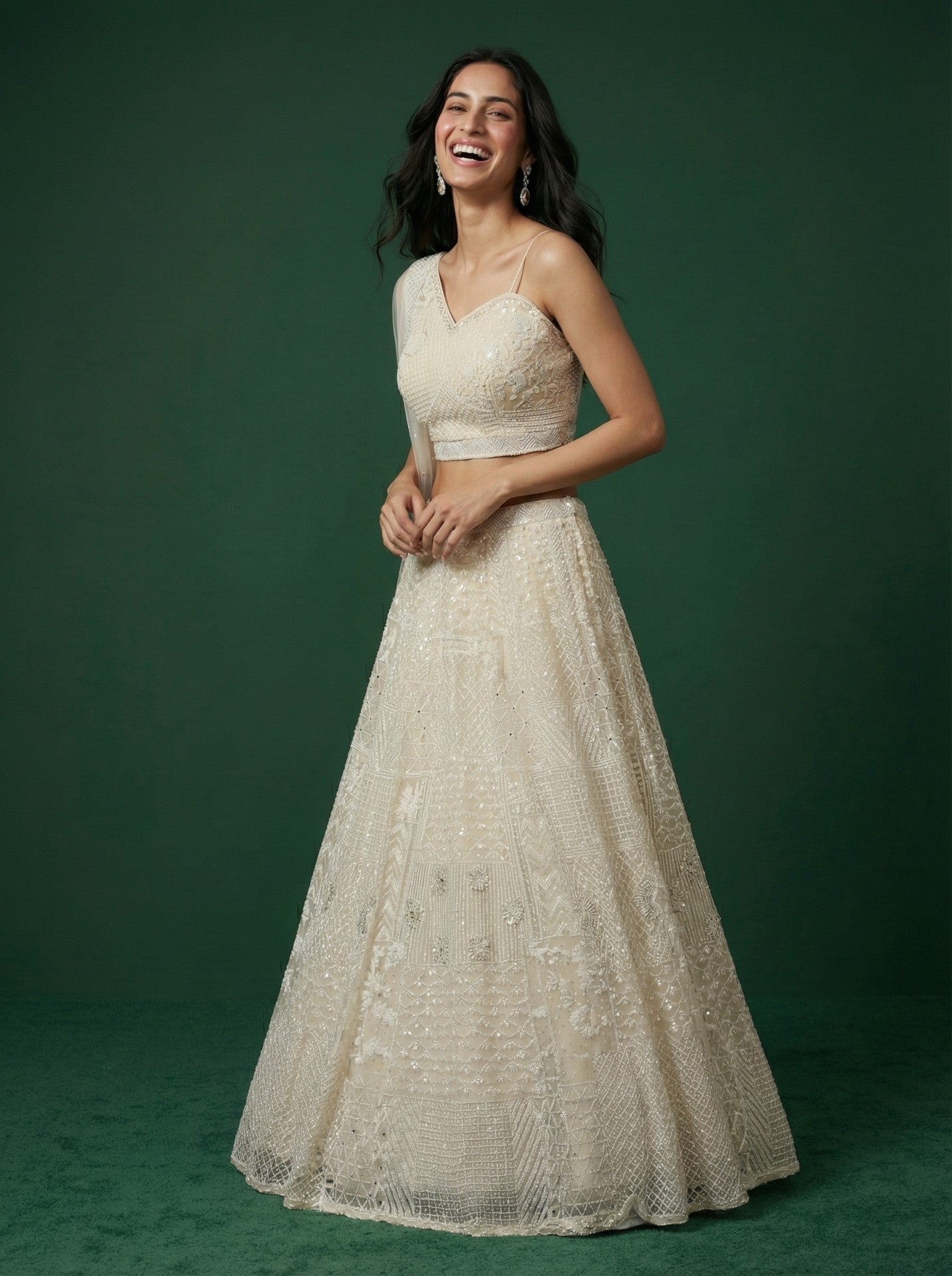 White Net Sequinned Off Shoulder Lehenga