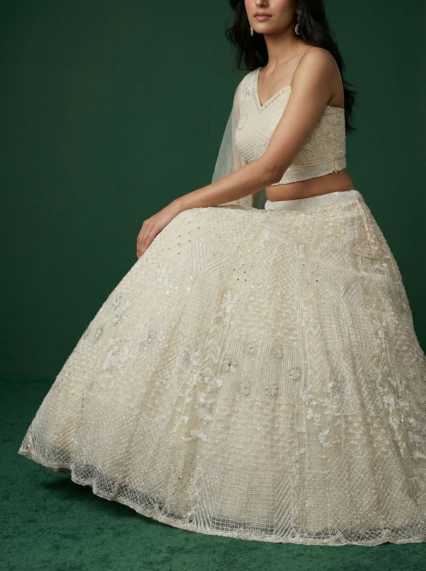 White Net Sequinned Off Shoulder Lehenga