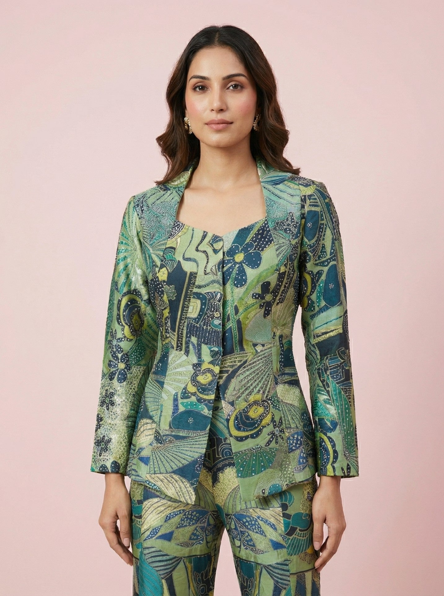 Close-up of embellished square neckline on green digital print co-ord set