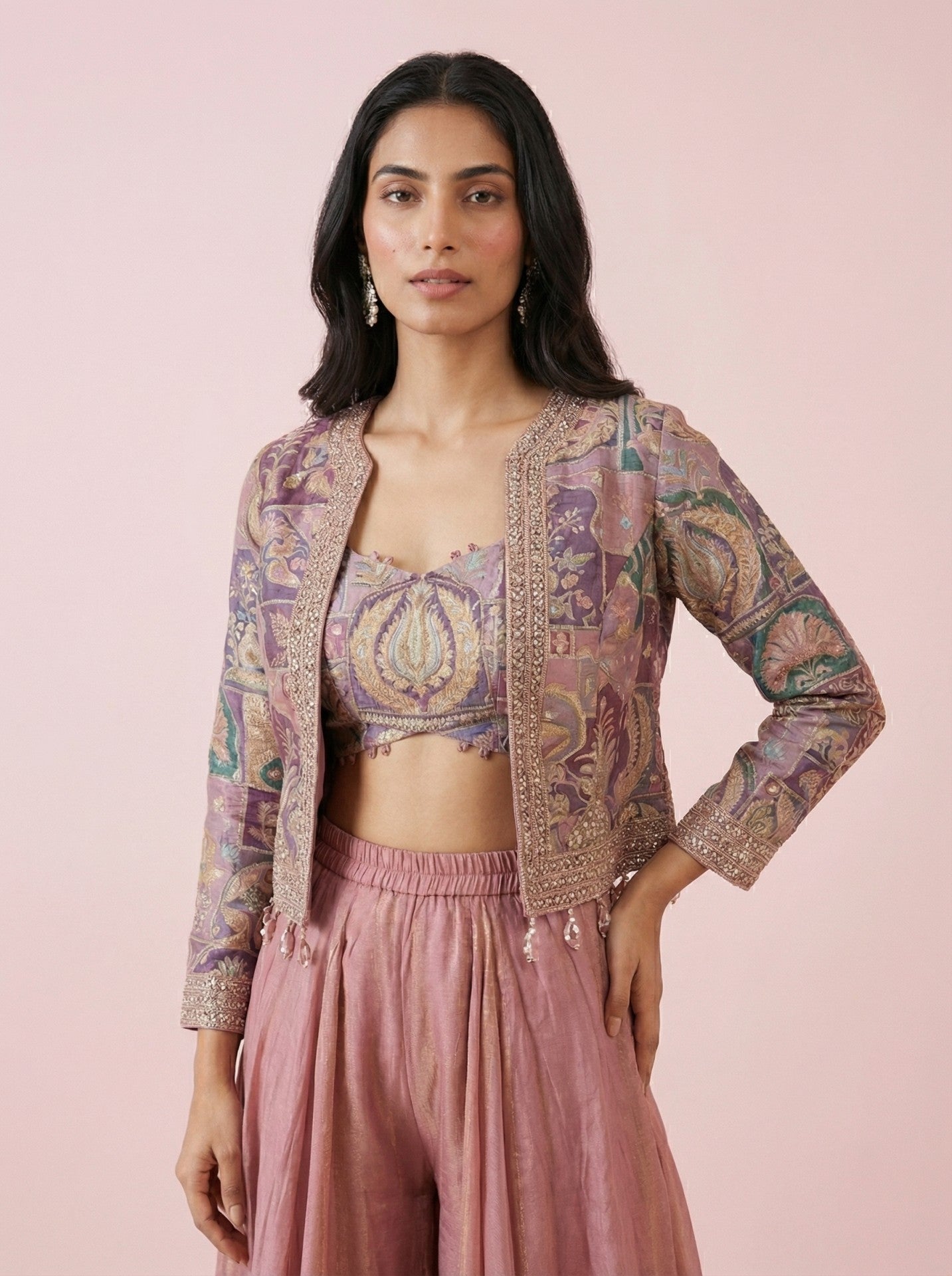 Peach Embroidered Sharara Indowestern With Crop Top & Jacket