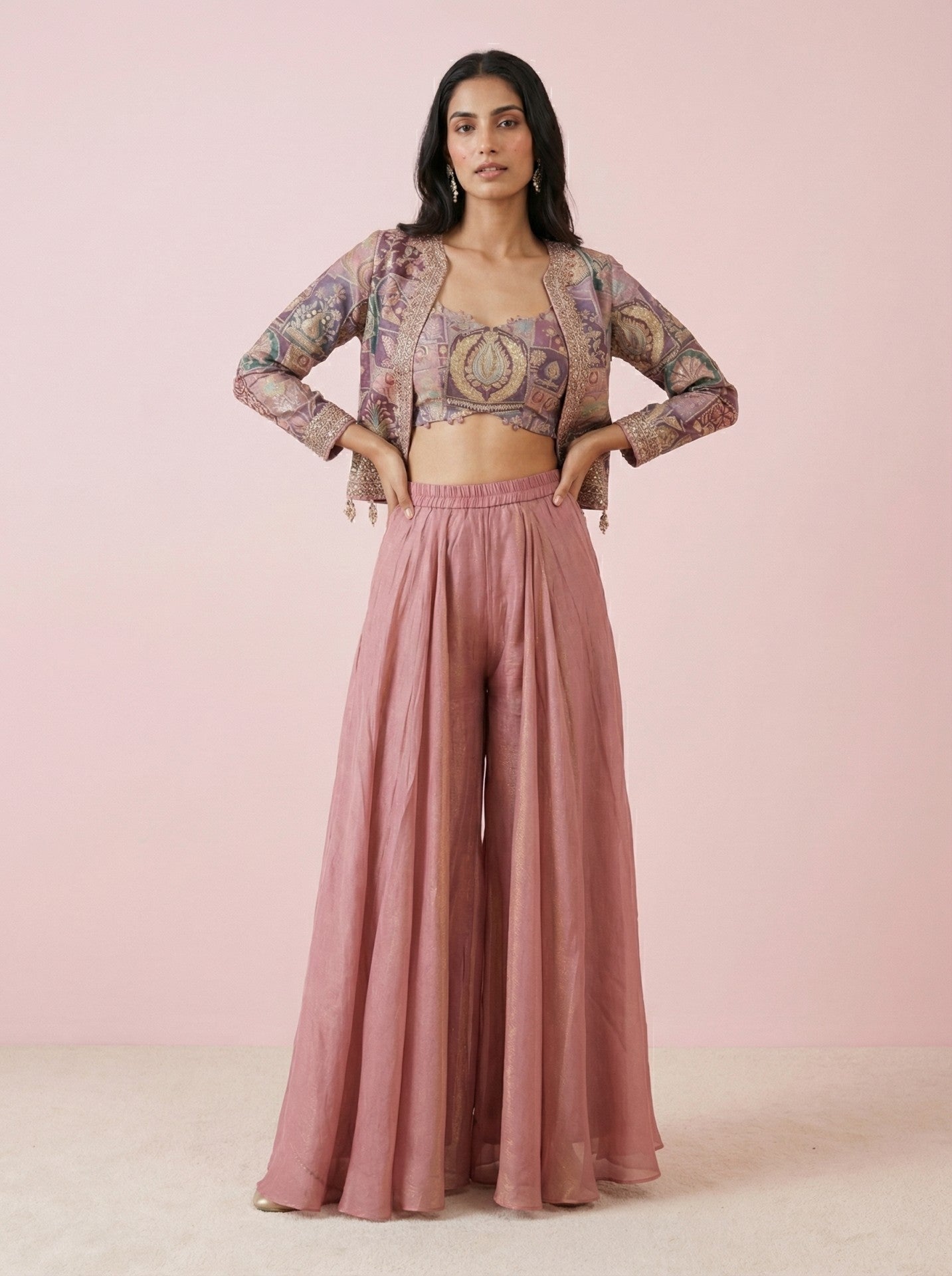 Peach Embroidered Sharara Indowestern With Crop Top & Jacket