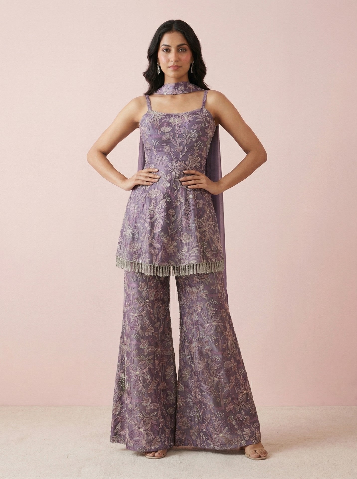 front view of purple embroidered palazzo set