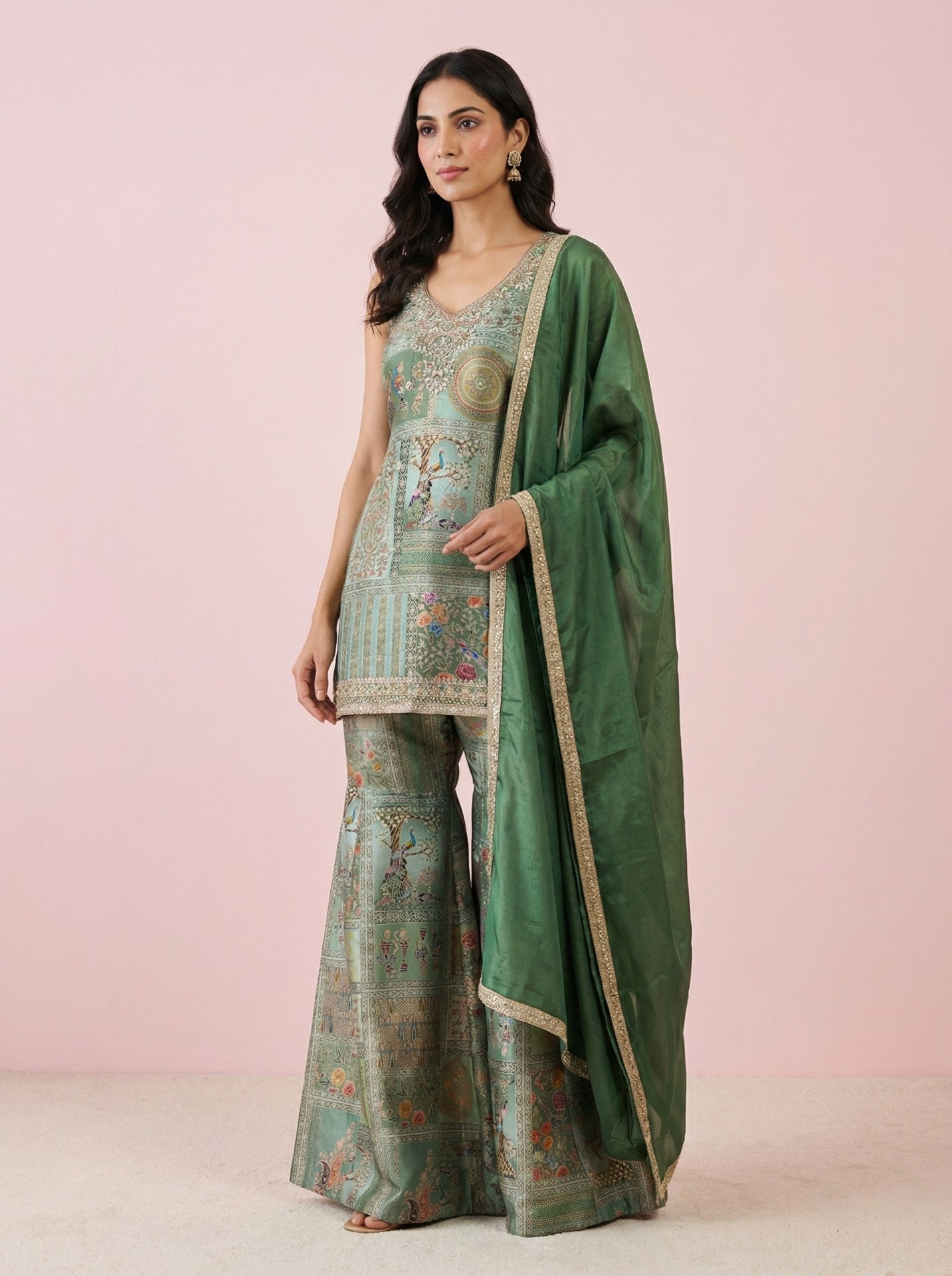 Green Digital Print Silk Sharara Suit