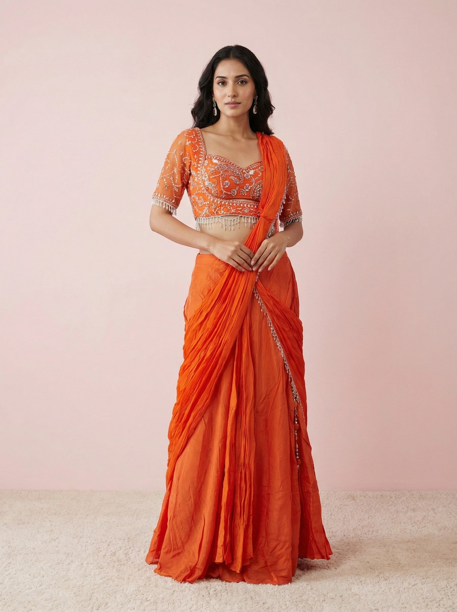 Orange Chiffon Designer Drape Saree With Readymade Blouse