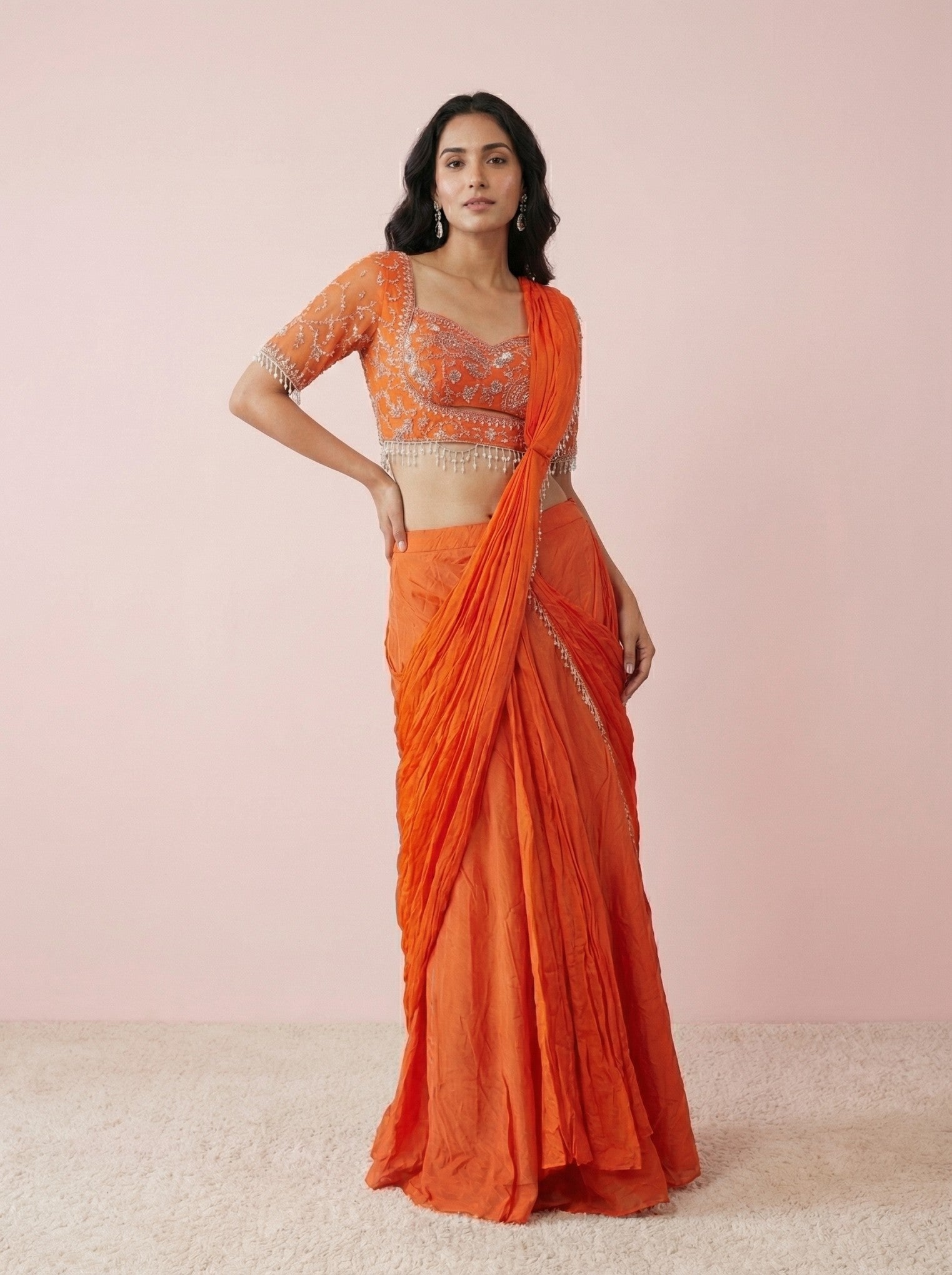 Orange Chiffon Designer Drape Saree With Readymade Blouse