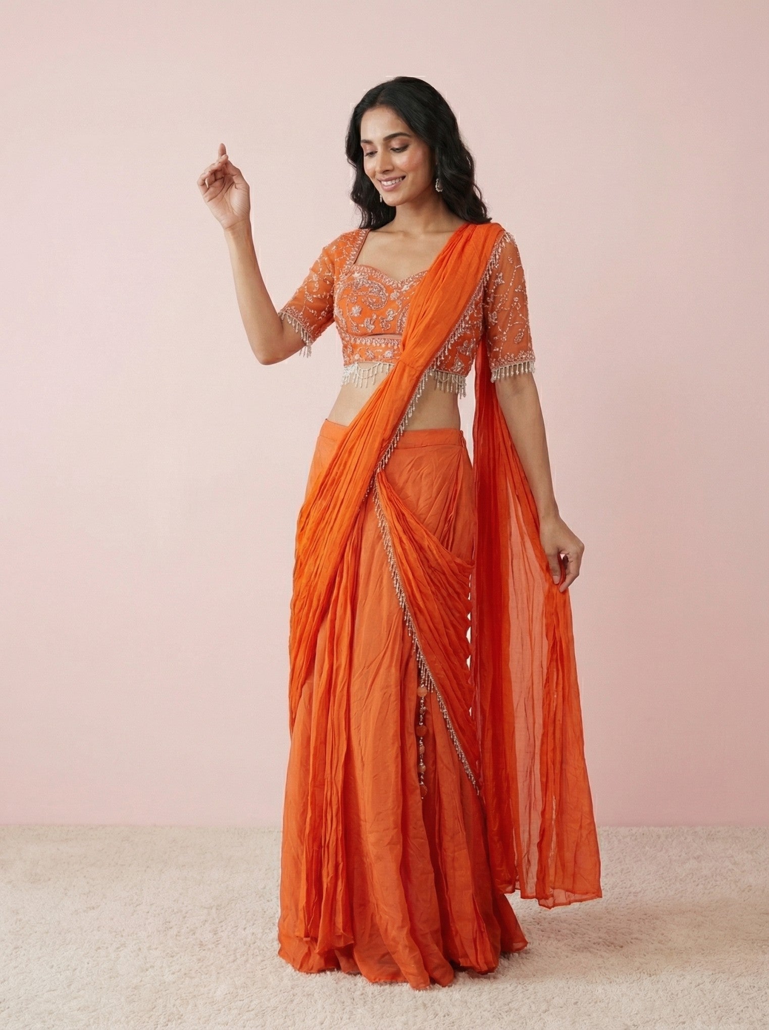 Orange Chiffon Designer Drape Saree With Readymade Blouse