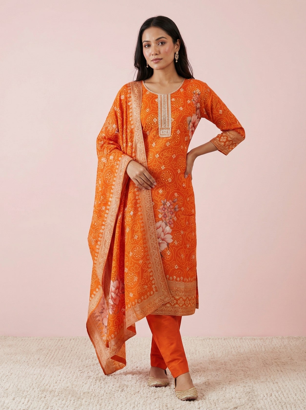 Orange Georgette Printed Suit Set With Dupatta