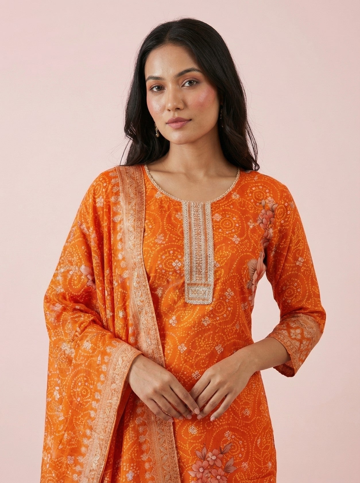 Orange Georgette Printed Suit Set With Dupatta