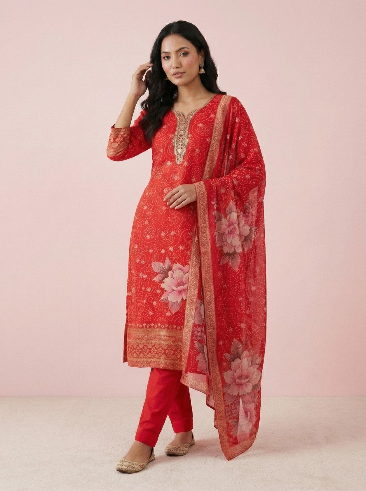 Red Georgette Printed Suit Set With Dupatta