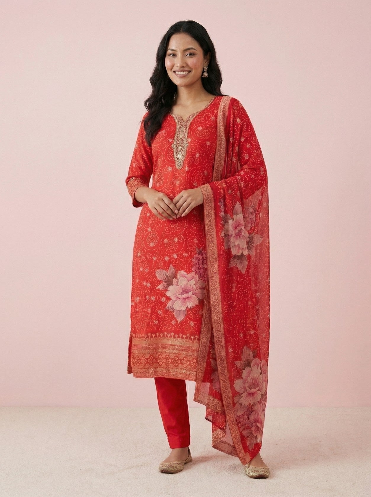Red Georgette Printed Suit Set With Dupatta