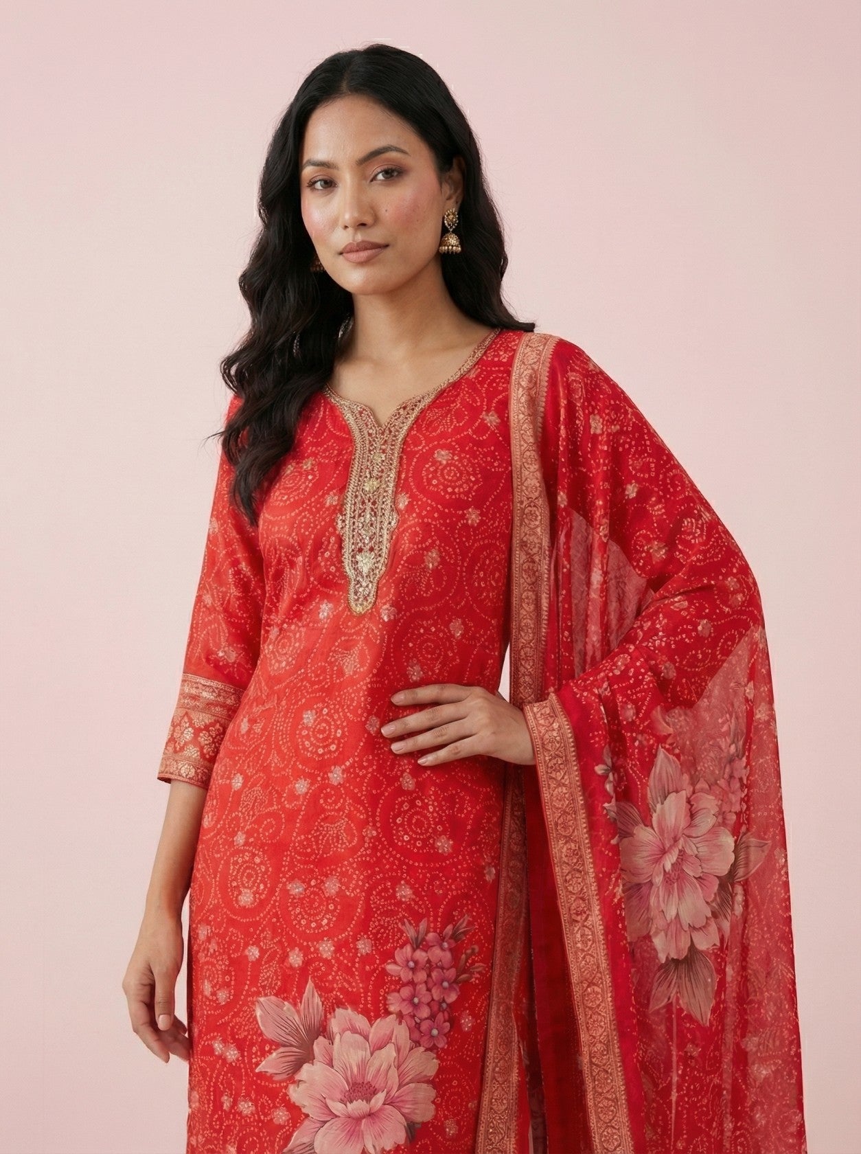 Red Georgette Printed Suit Set With Dupatta