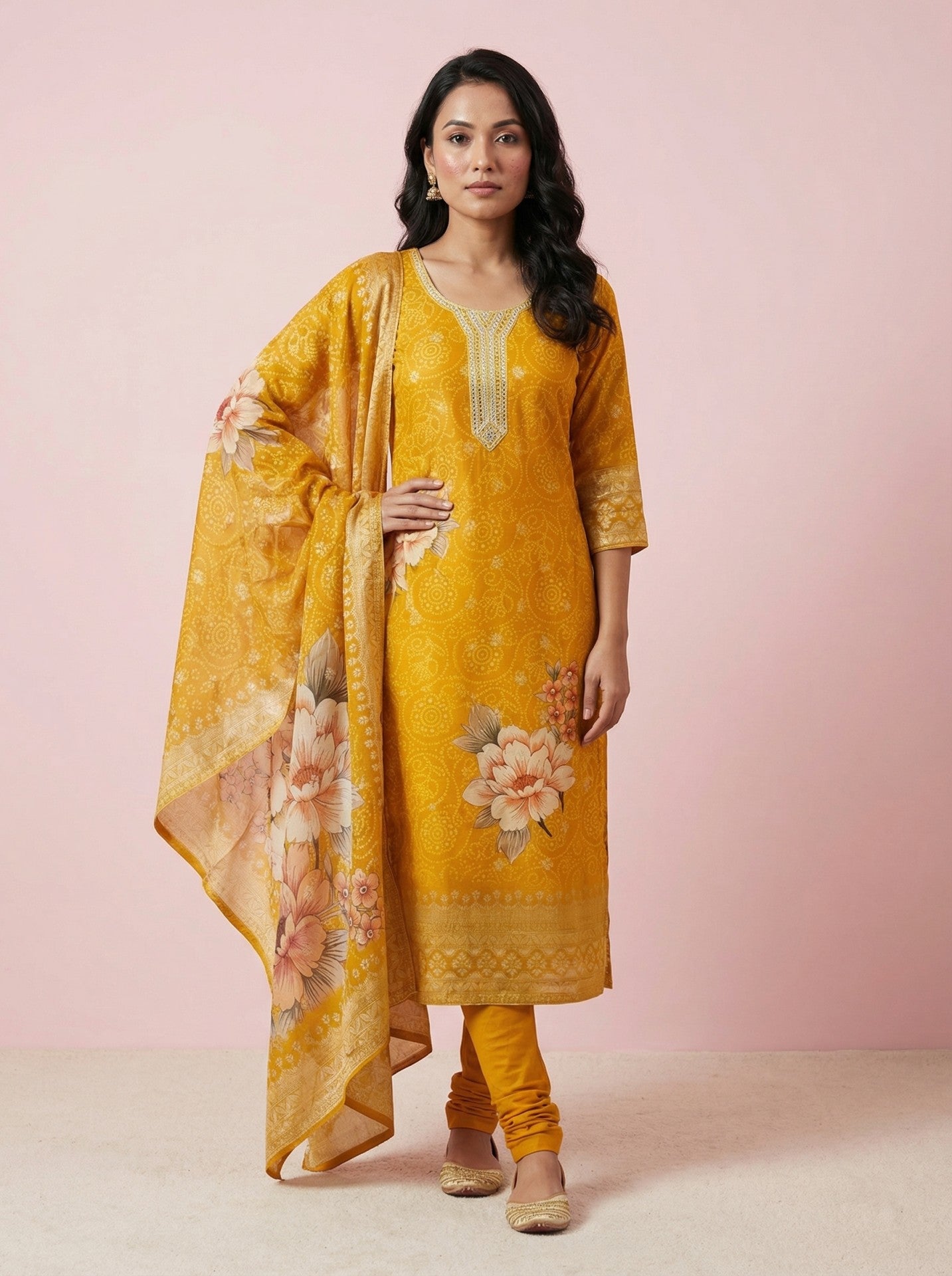 Yellow Floral Print Georgette Suit Set With Dupatta