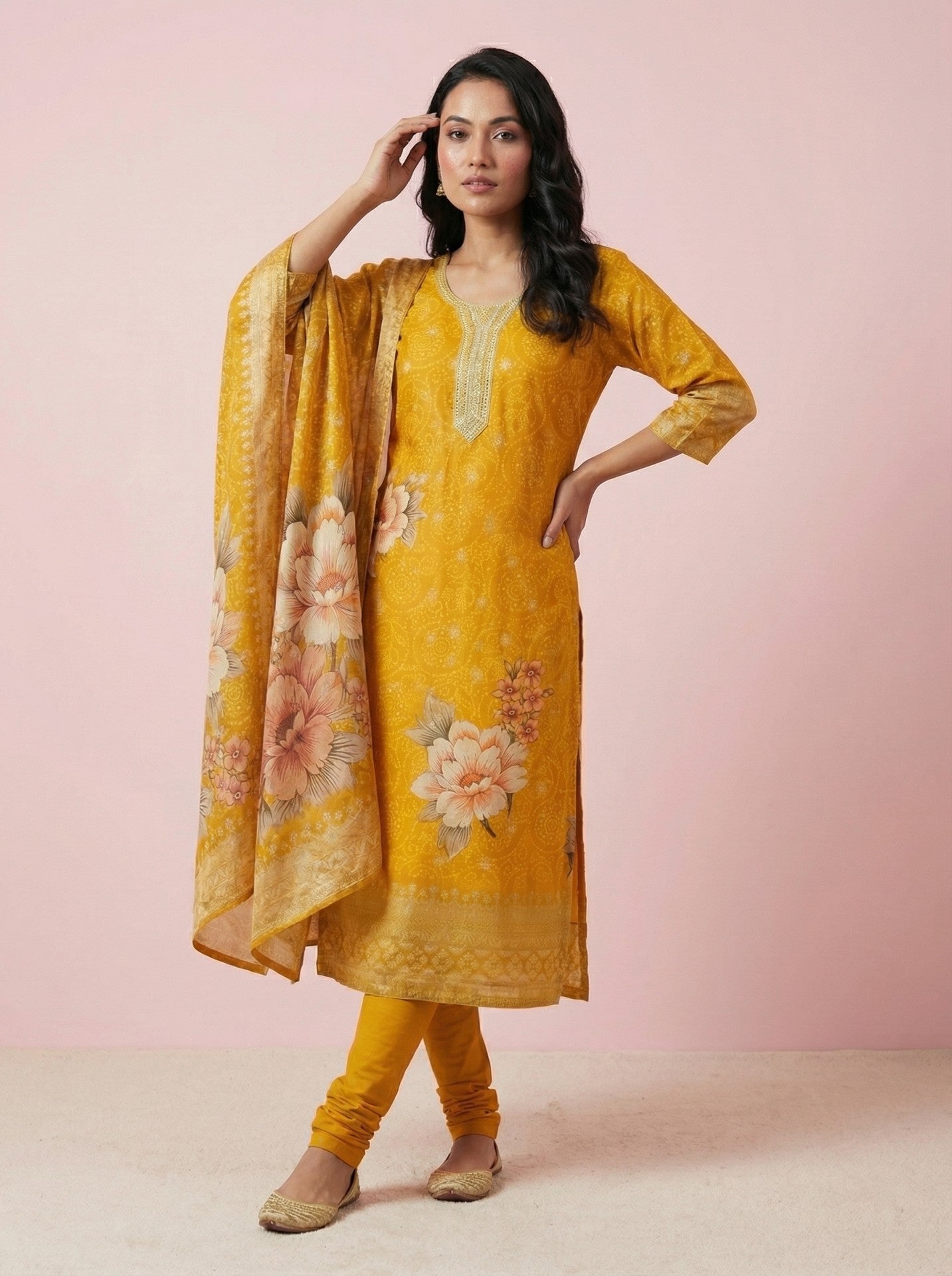 Yellow Floral Print Georgette Suit Set With Dupatta