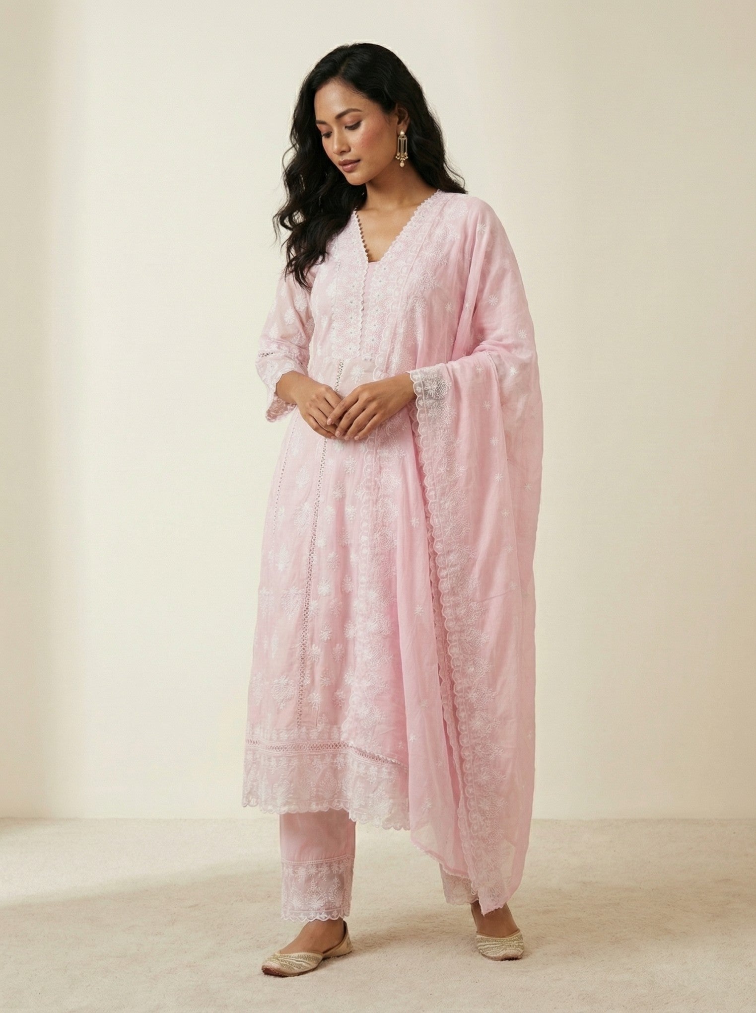 Pink Blue Cotton Embroidered Anarkali Suit Set