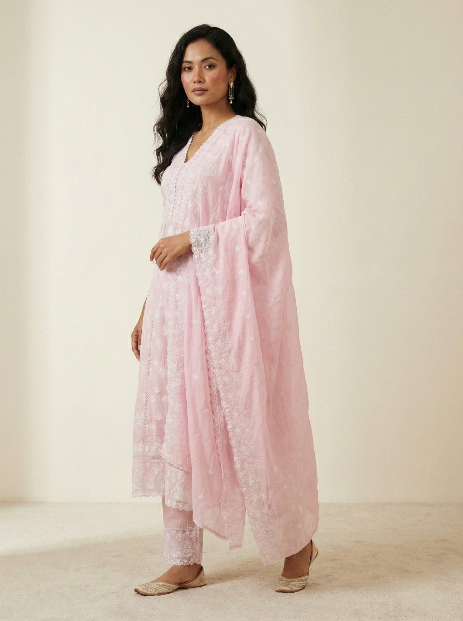 Pink Blue Cotton Embroidered Anarkali Suit Set