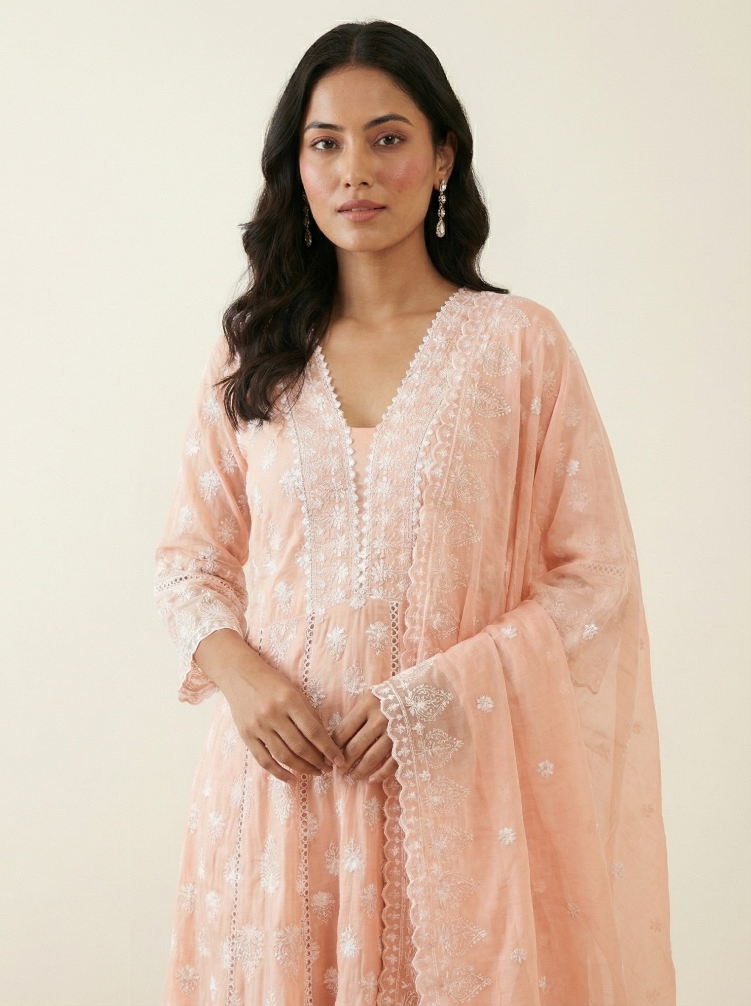 Peach Cotton Embroidered Anarkali Suit Set