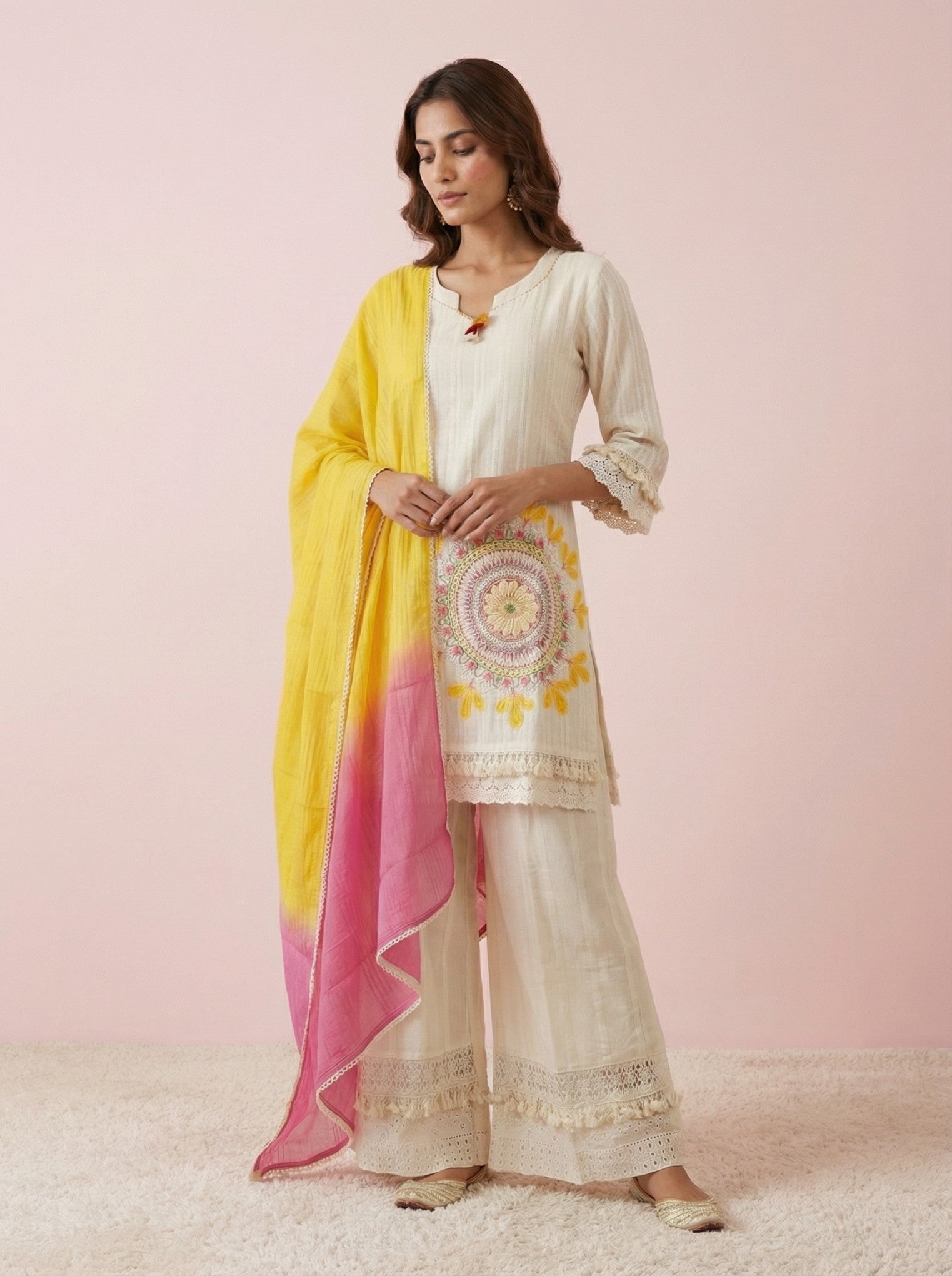 Ivory Cotton Embroidered Suit Set With Dupatta