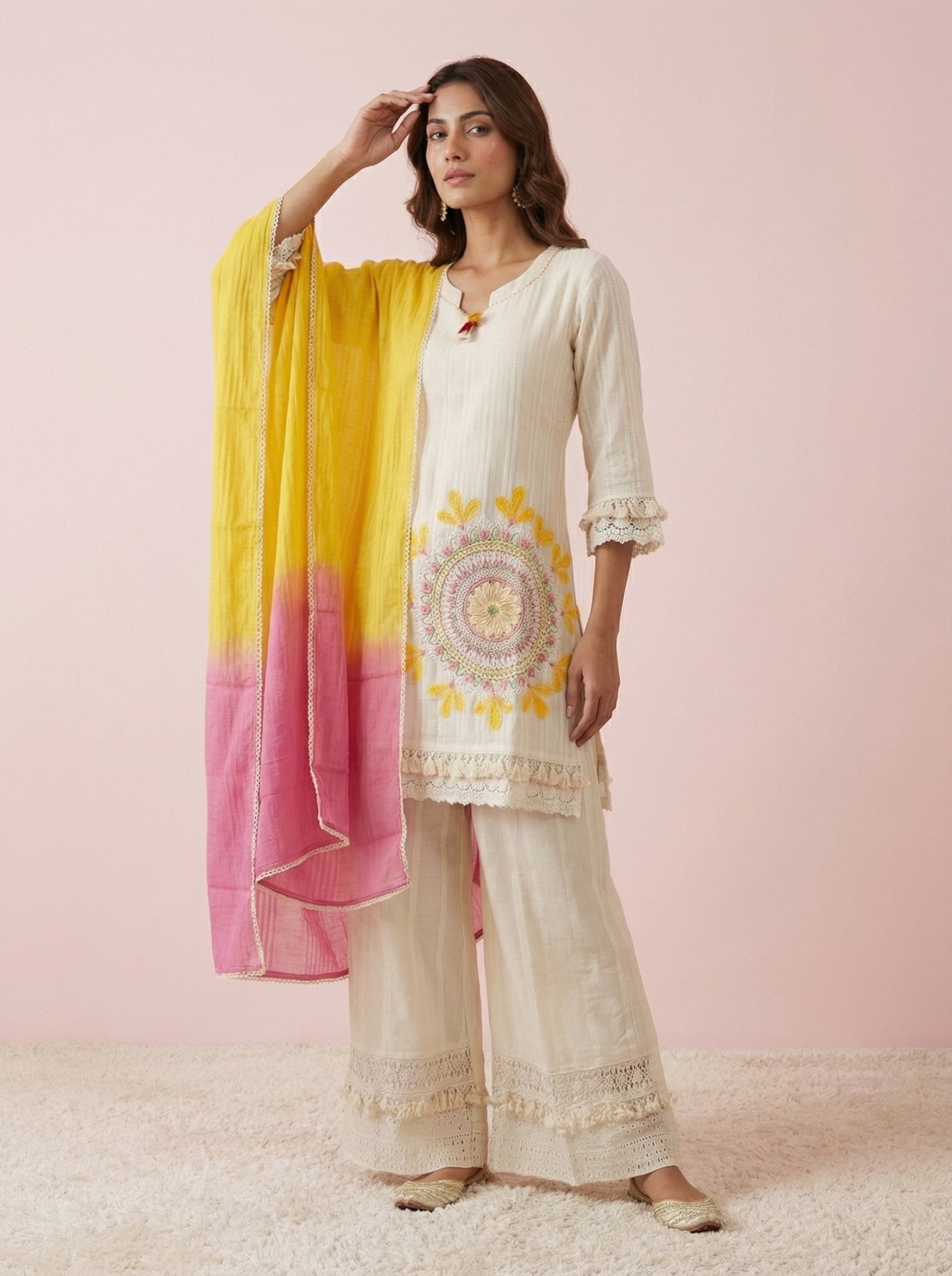 Ivory Cotton Embroidered Suit Set With Dupatta
