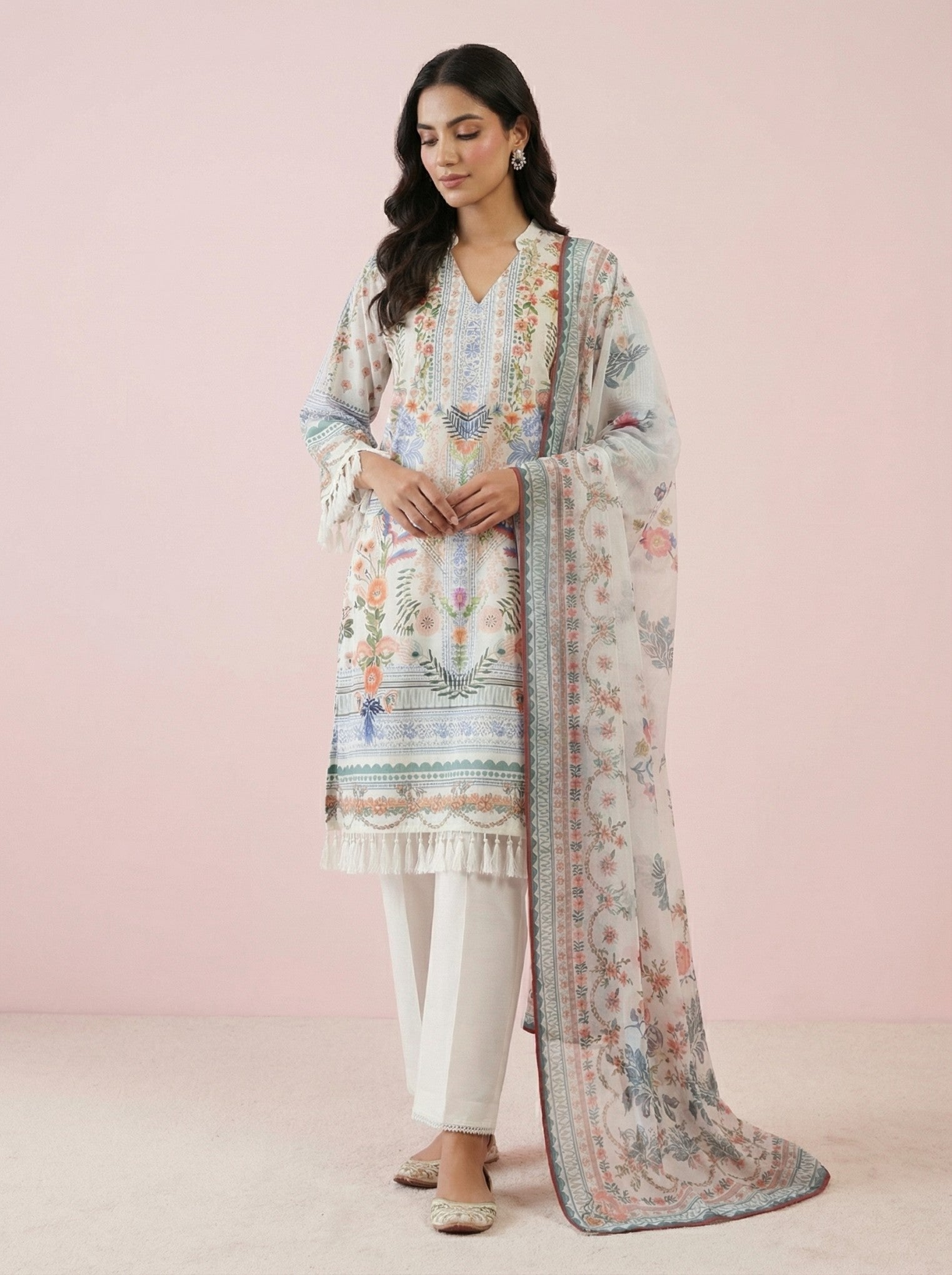 White Printed Cotton Suit Set With Dupatta