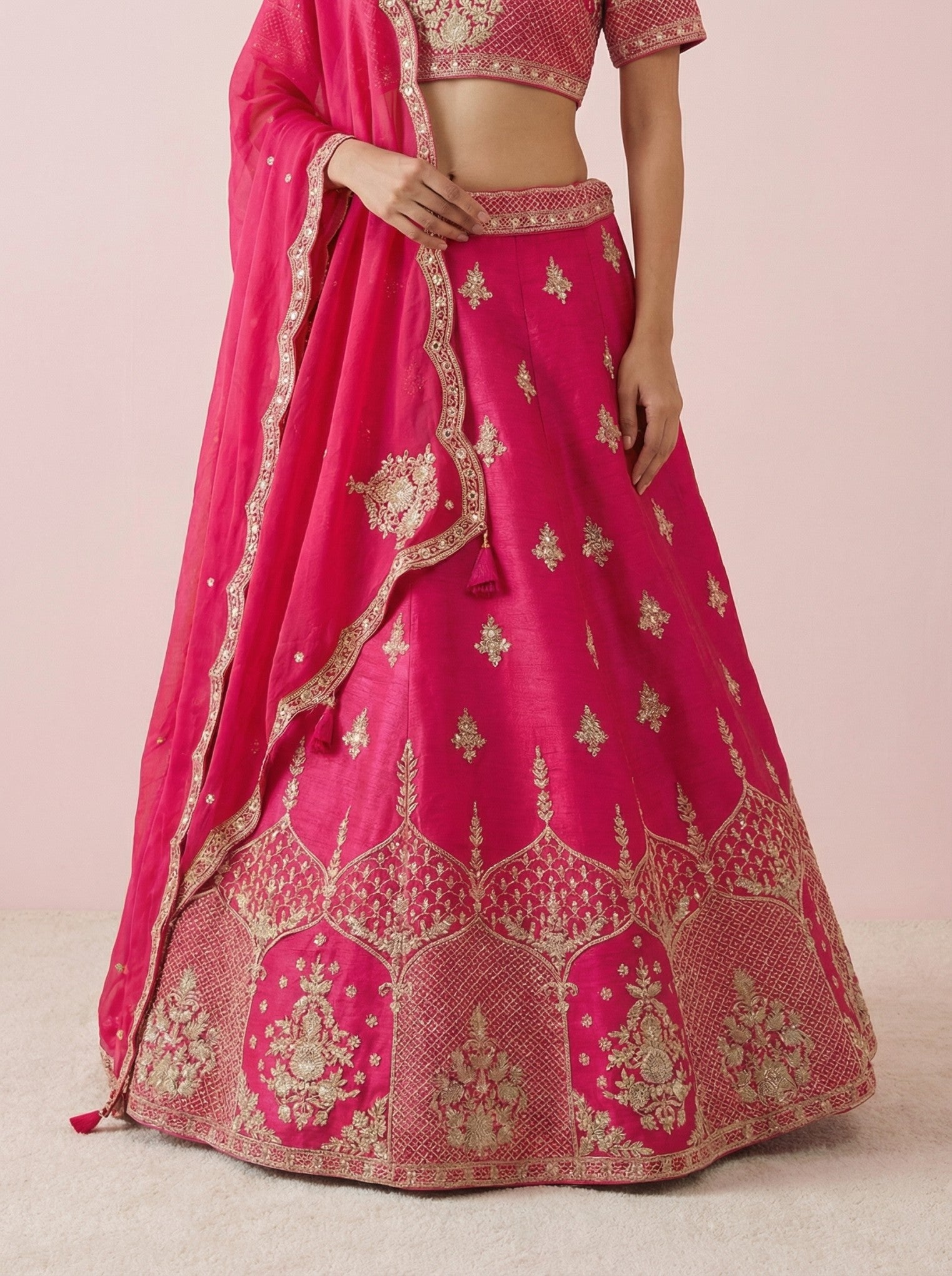 Dark Pink Hand Embroidered Raw Silk Lehenga With Readymade Blouse