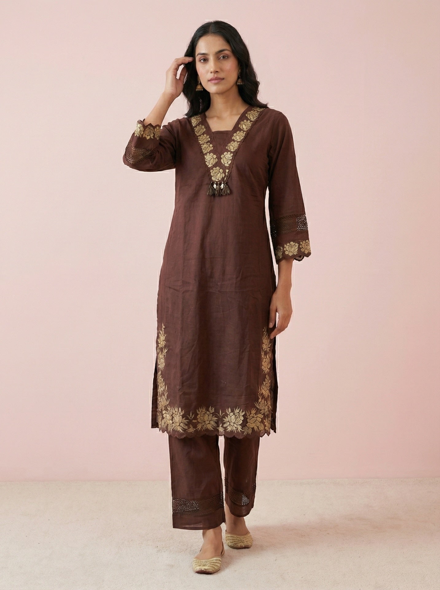 Brown Cotton Festive Suit Set With Dupatta
