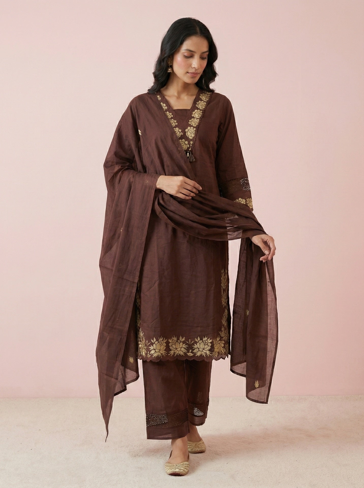Brown Cotton Festive Suit Set With Dupatta