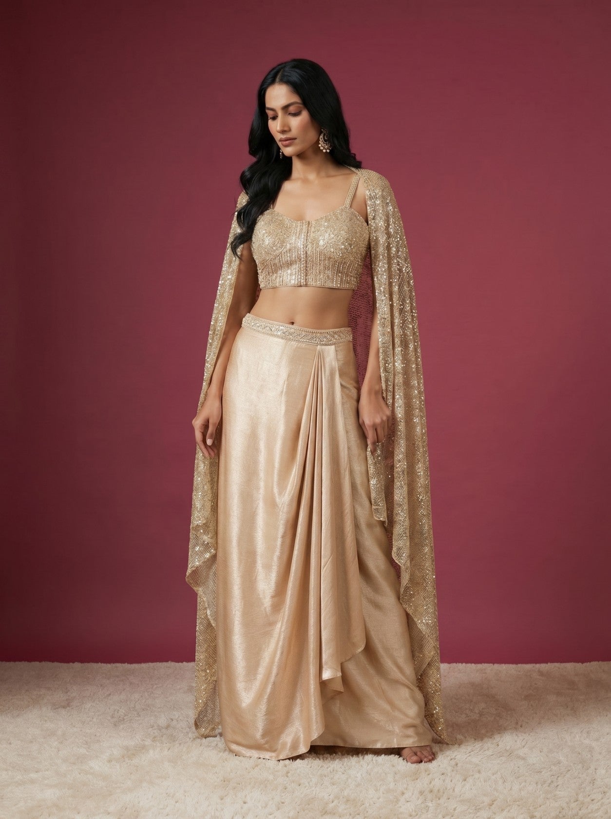 Beige Corset Skirt Set with Sequin Work and Cape Shrug