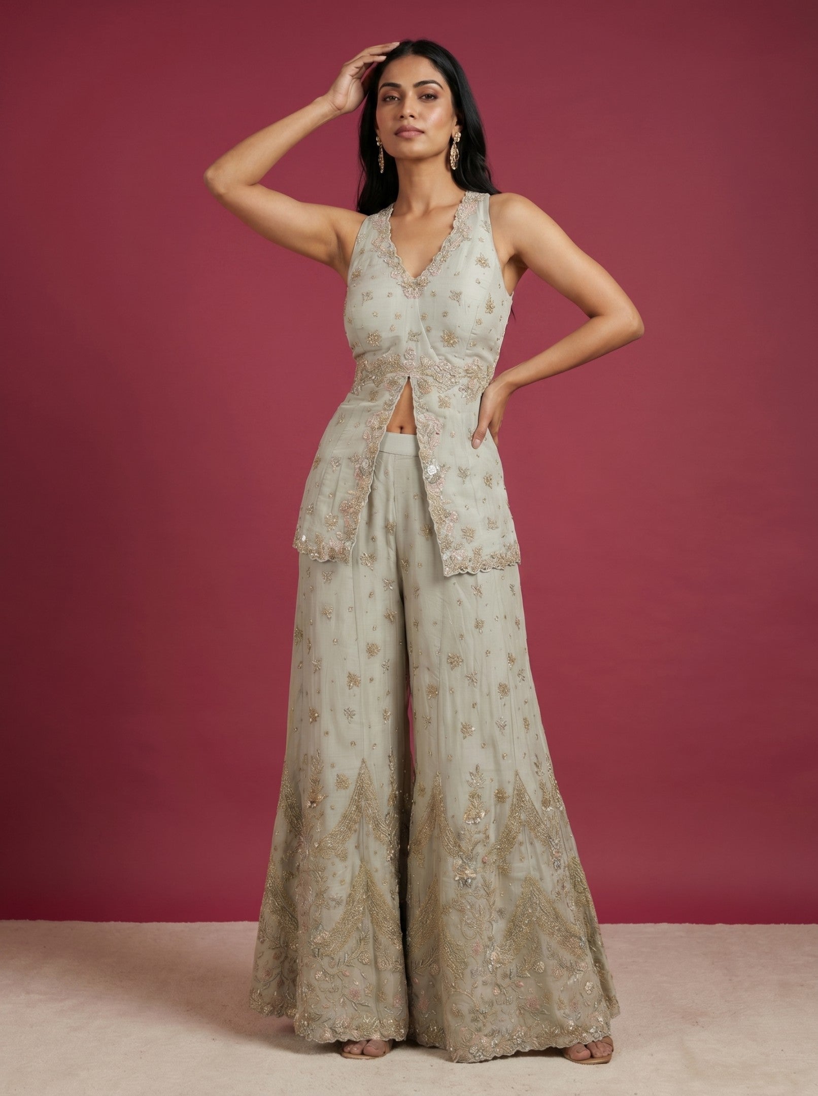 Grey Embroidered Top With Palazzo Set